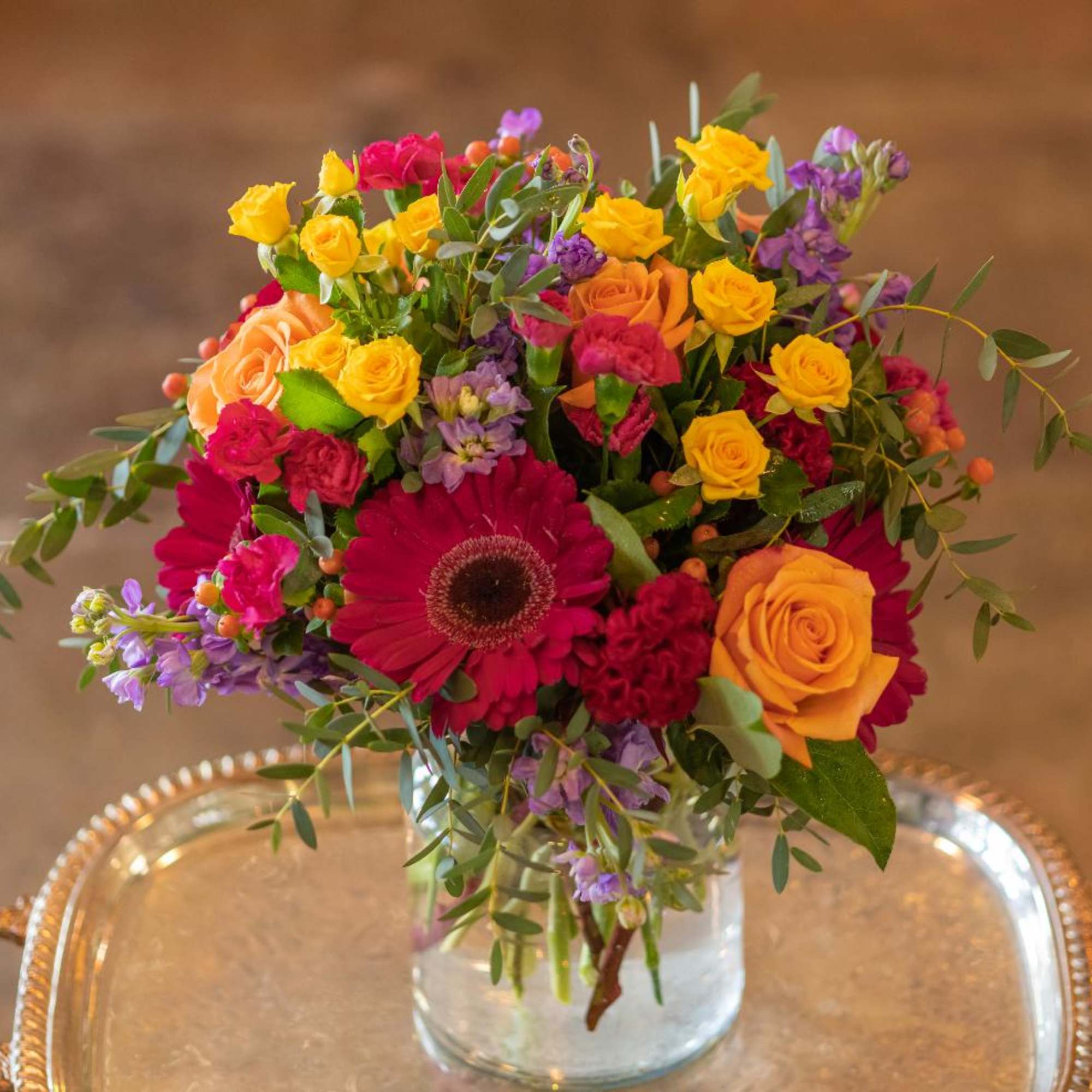 Wish someone a good day, everyday. Roses, gerberas, gilly flowers, and elegance