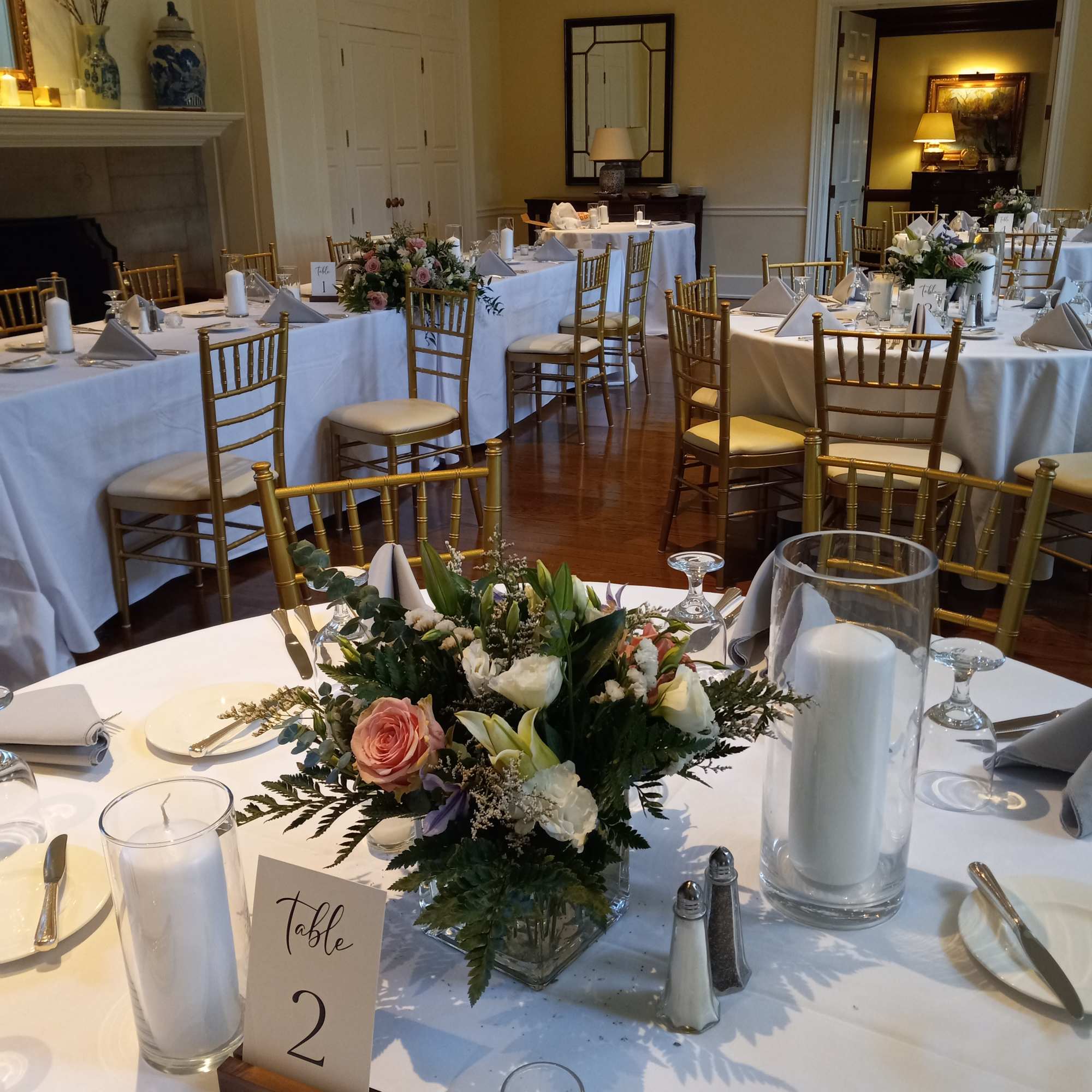 Beautiful addition to the reception, traditional mix ot flowers matching the bridal