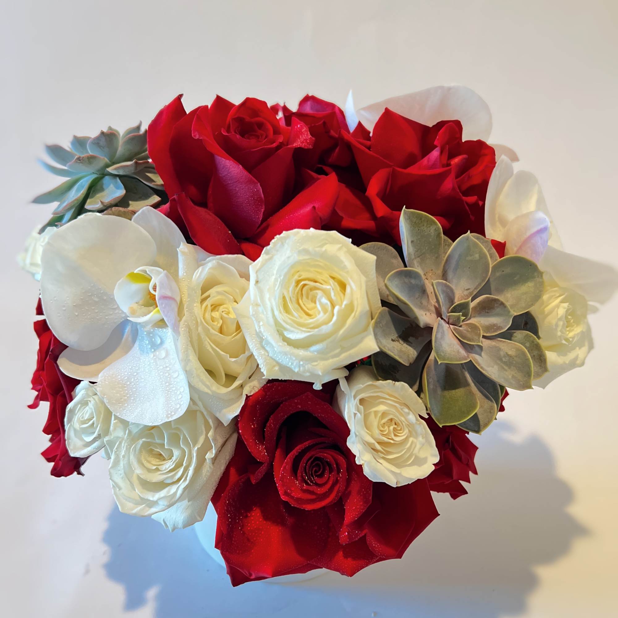 Classic red and white roses, white orchid and succulents surrounding it. A