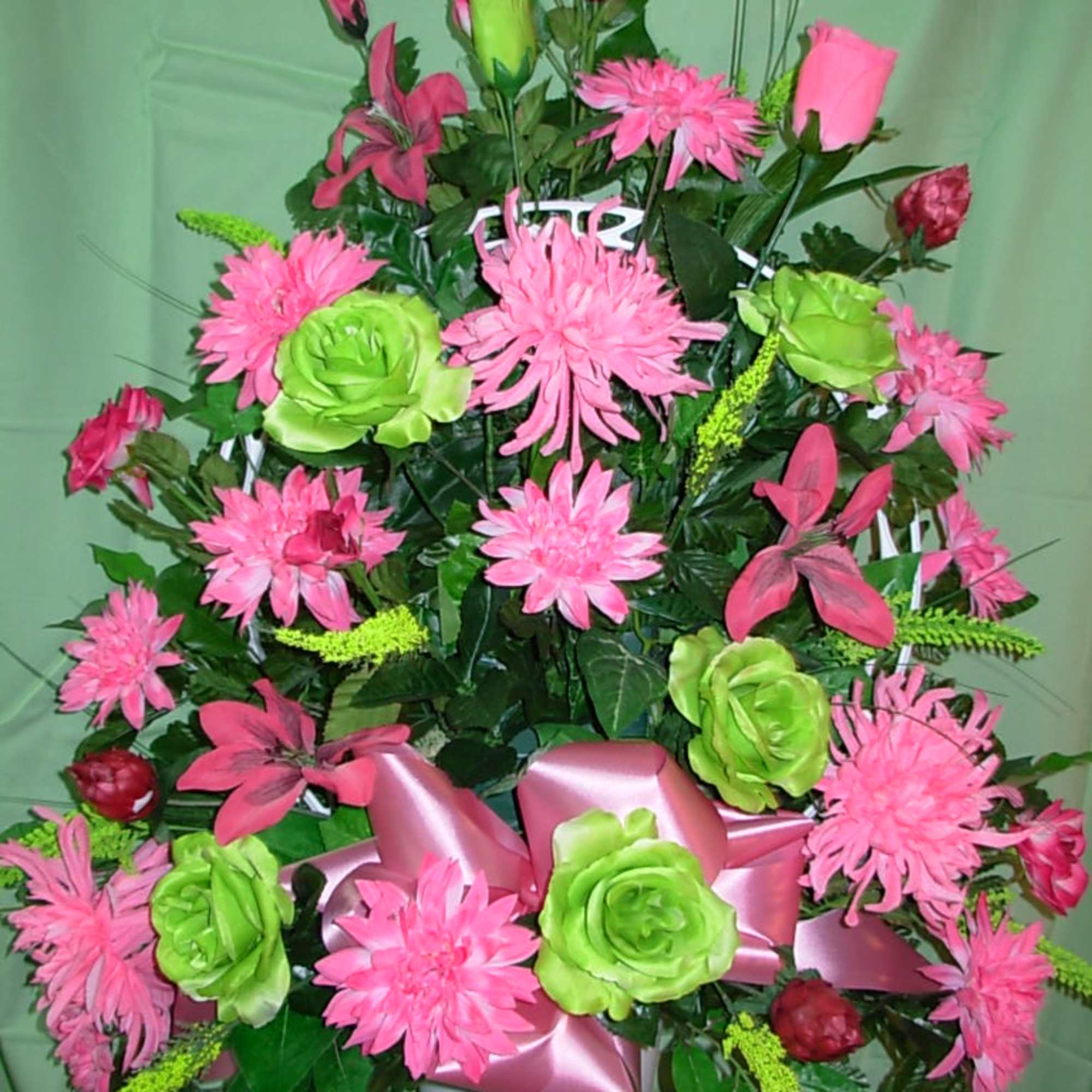 Our PINK &amp; LIME GREEN SILK FUNERAL BASKET  is made of