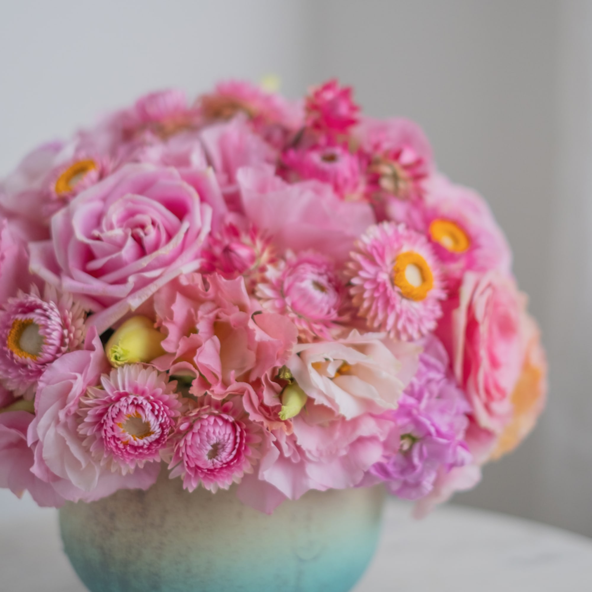 A delicate blue vase with bright pink shades of flowers. Like strawberry
