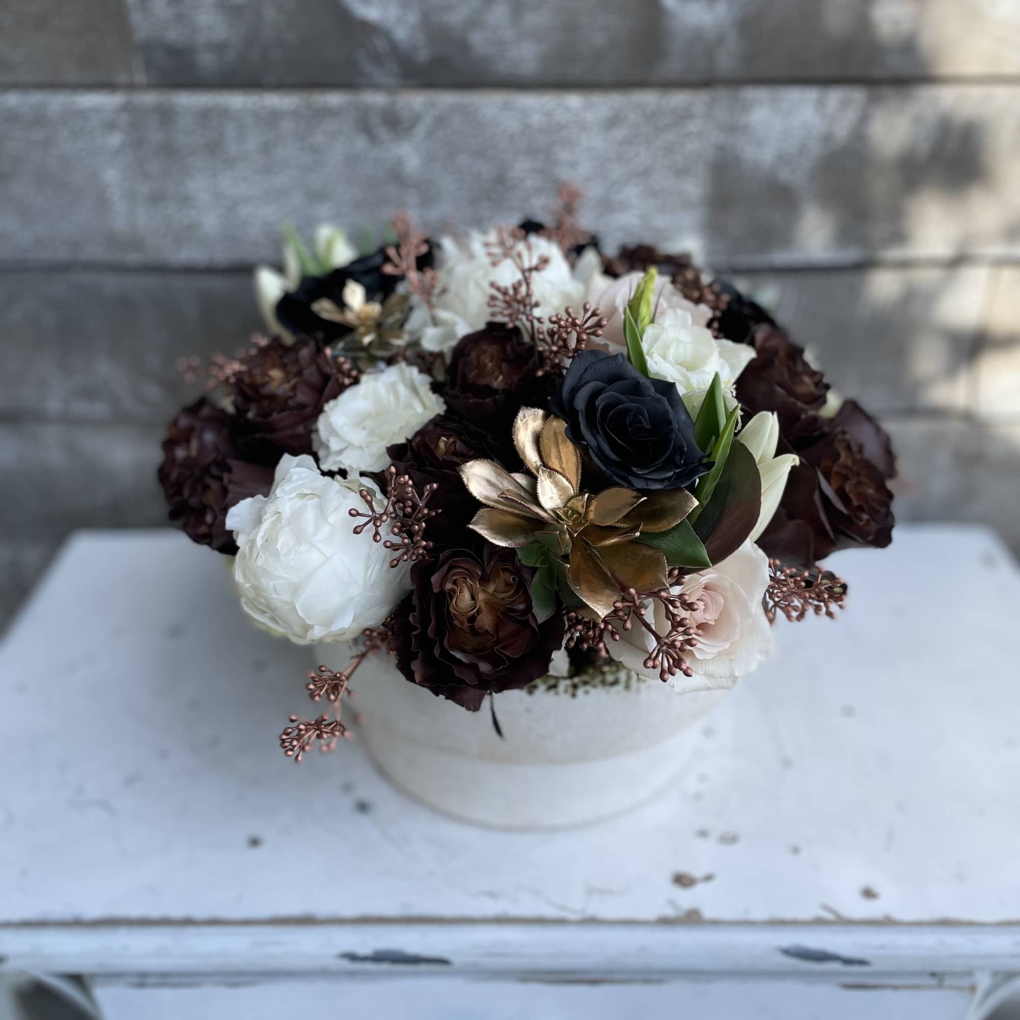 A flashy expressive arrangement with white and brown rich espresso colors and A flashy expressive arrangement with white and brown rich espresso colors and