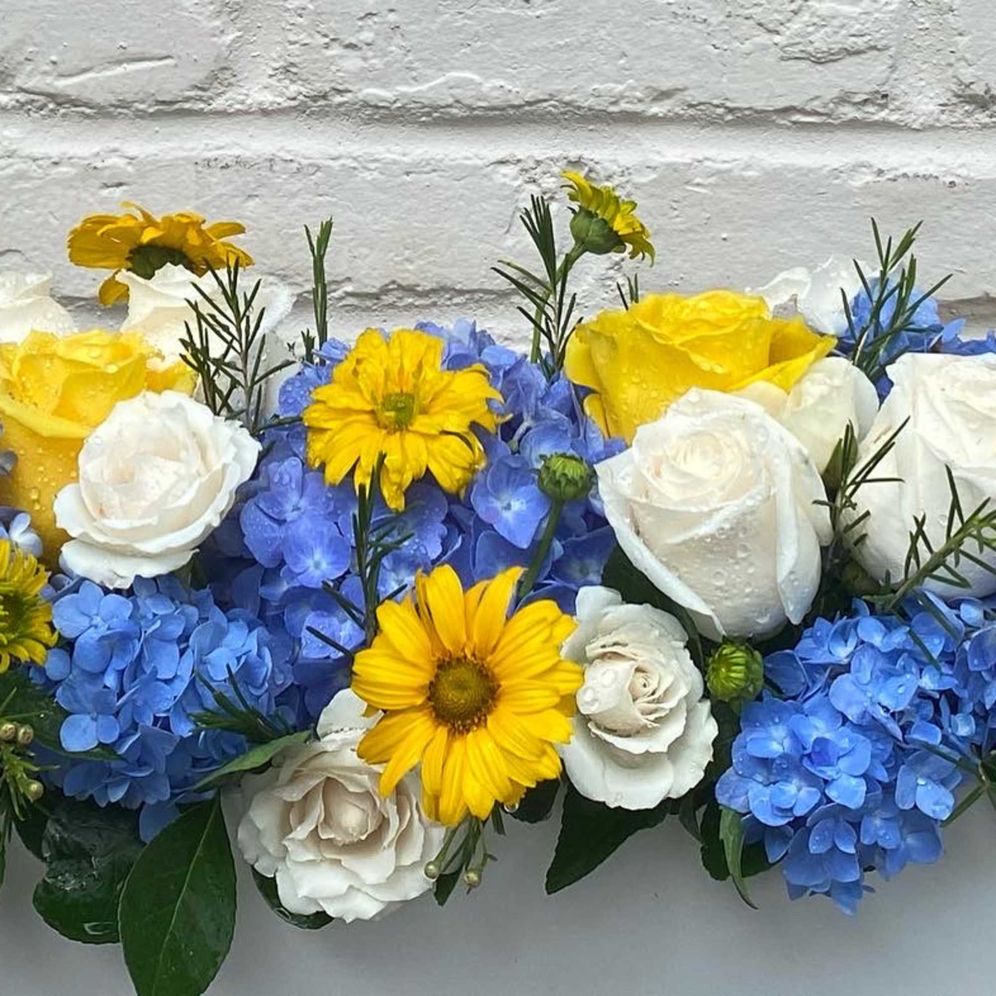 Arrangement of blue hydrangea  and white roses, daisies, accented with fresh Arrangement of blue hydrangea  and white roses, daisies, accented with fresh
