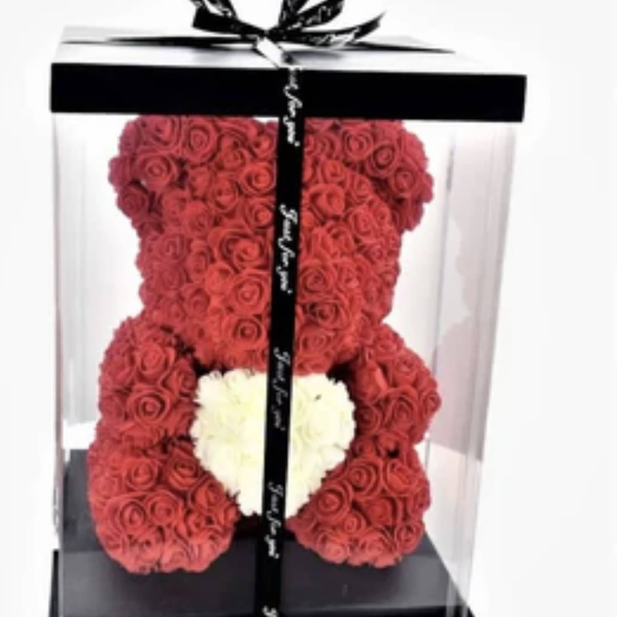 Gorgeous teddy bear handmade of roses that last forever.
15x12