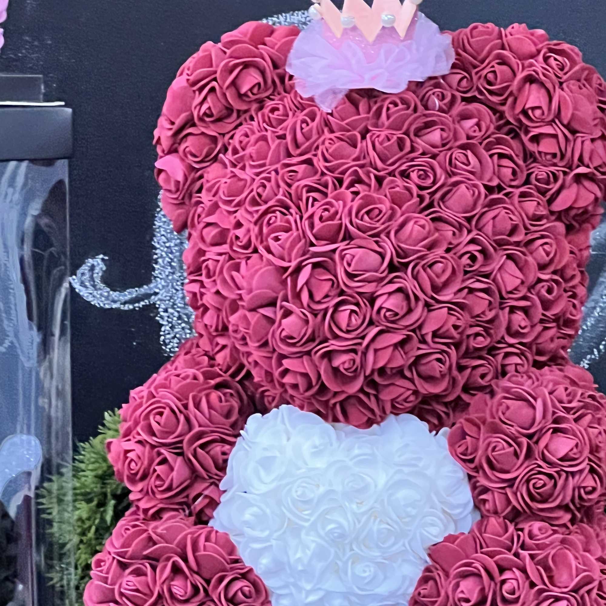 Gorgeous teddy bear handmade of roses that last forever.
15x12