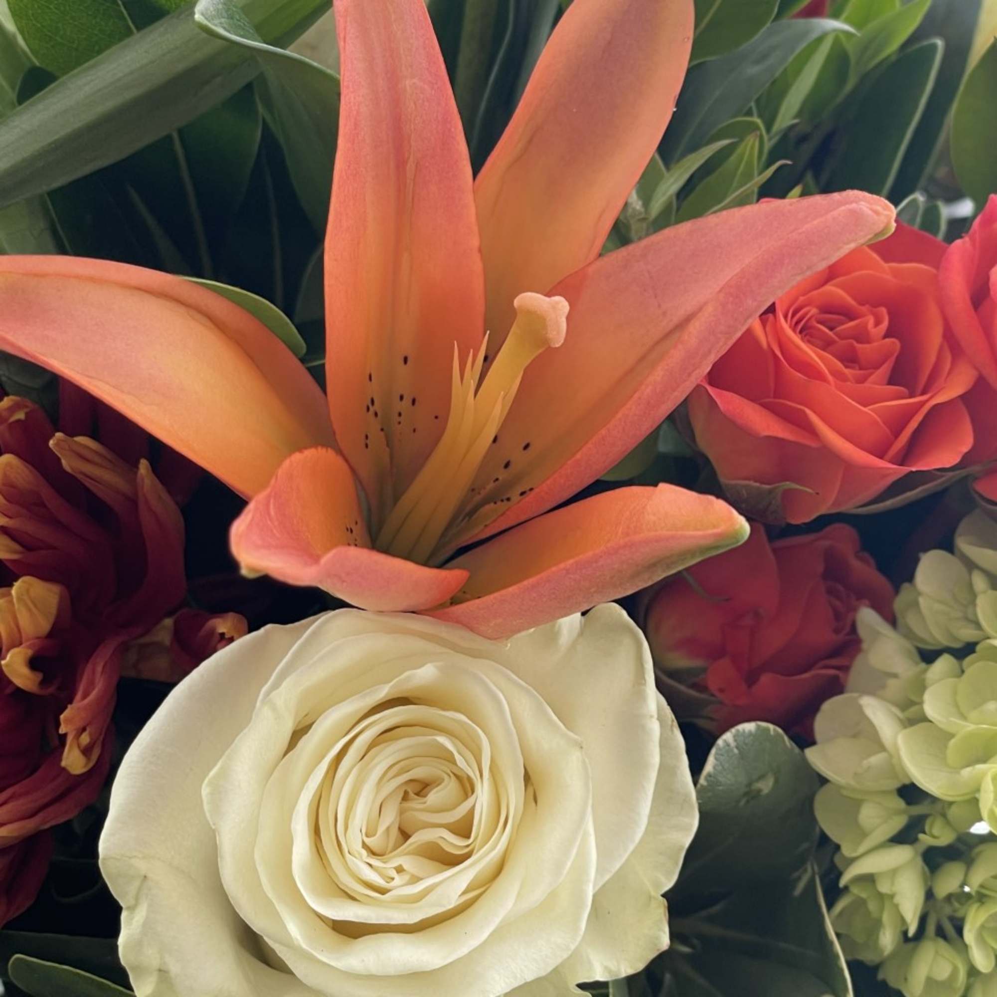 A festive mix of premium fall blooms such as lilies, roses, hydrangea
