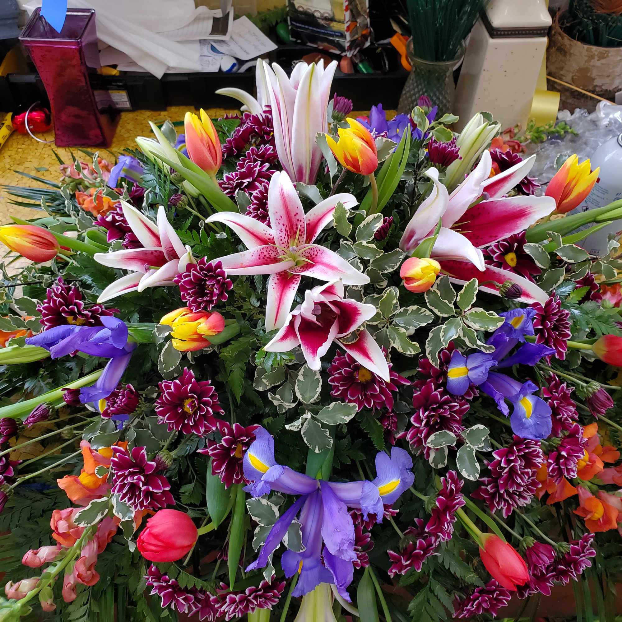 Irises, Tulips, Glads, Lilies, Daisies, with fillers and greens 
200.00-275.00