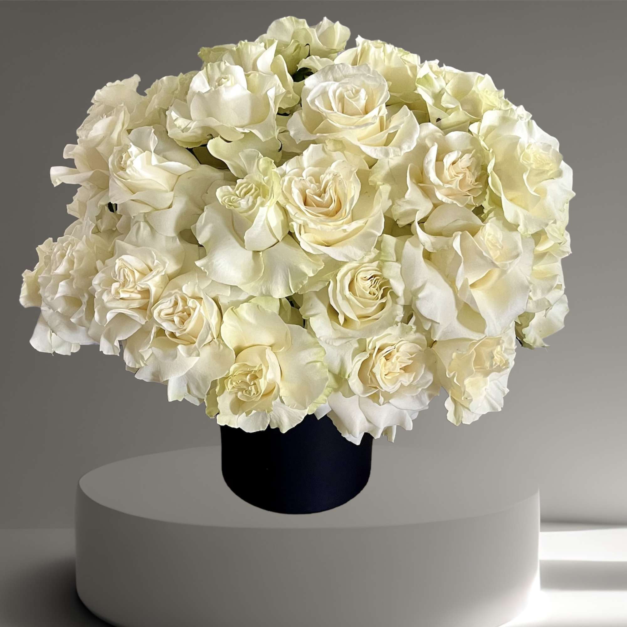 4 dozen reflexed white roses in a black ceramic vase.