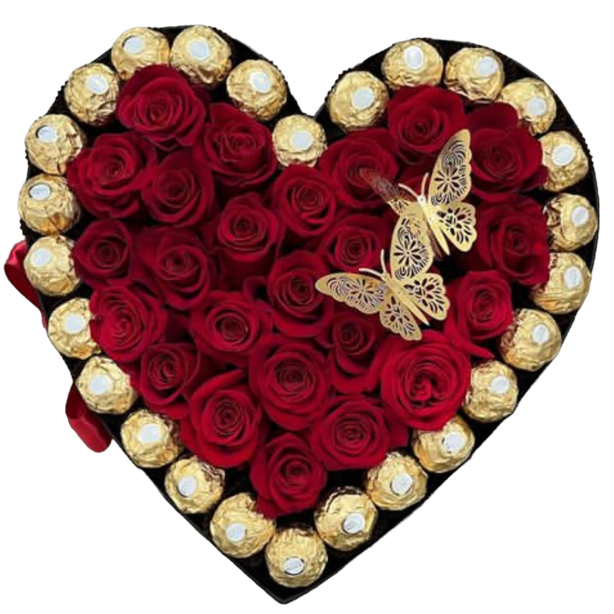 This Breathtaking Arrangement is composed of:

Red Roses

Heart Shape Box

ferrero Rocher Chocolates
