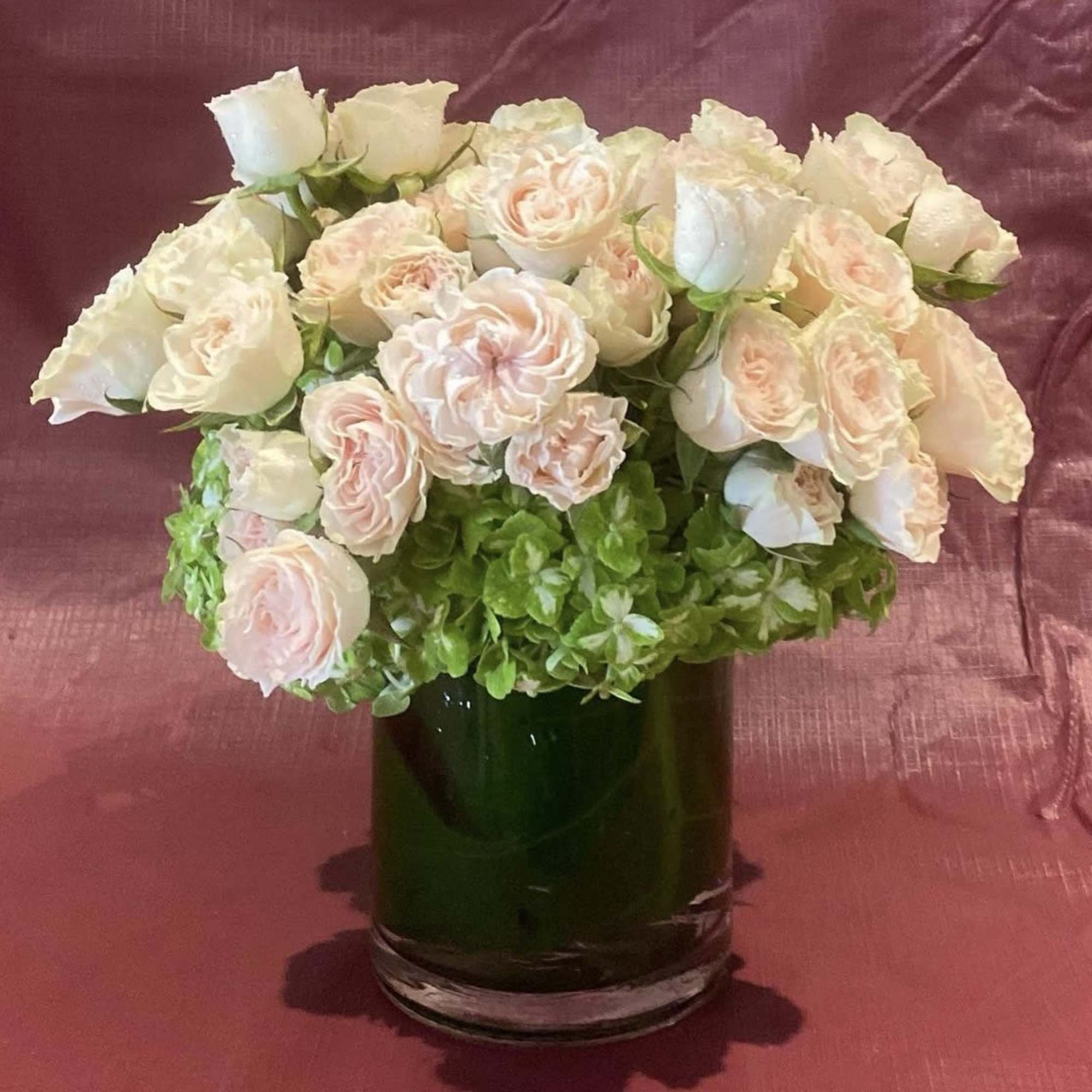Custom arrangement of of hydrangeas &amp; pale pink spray roses 