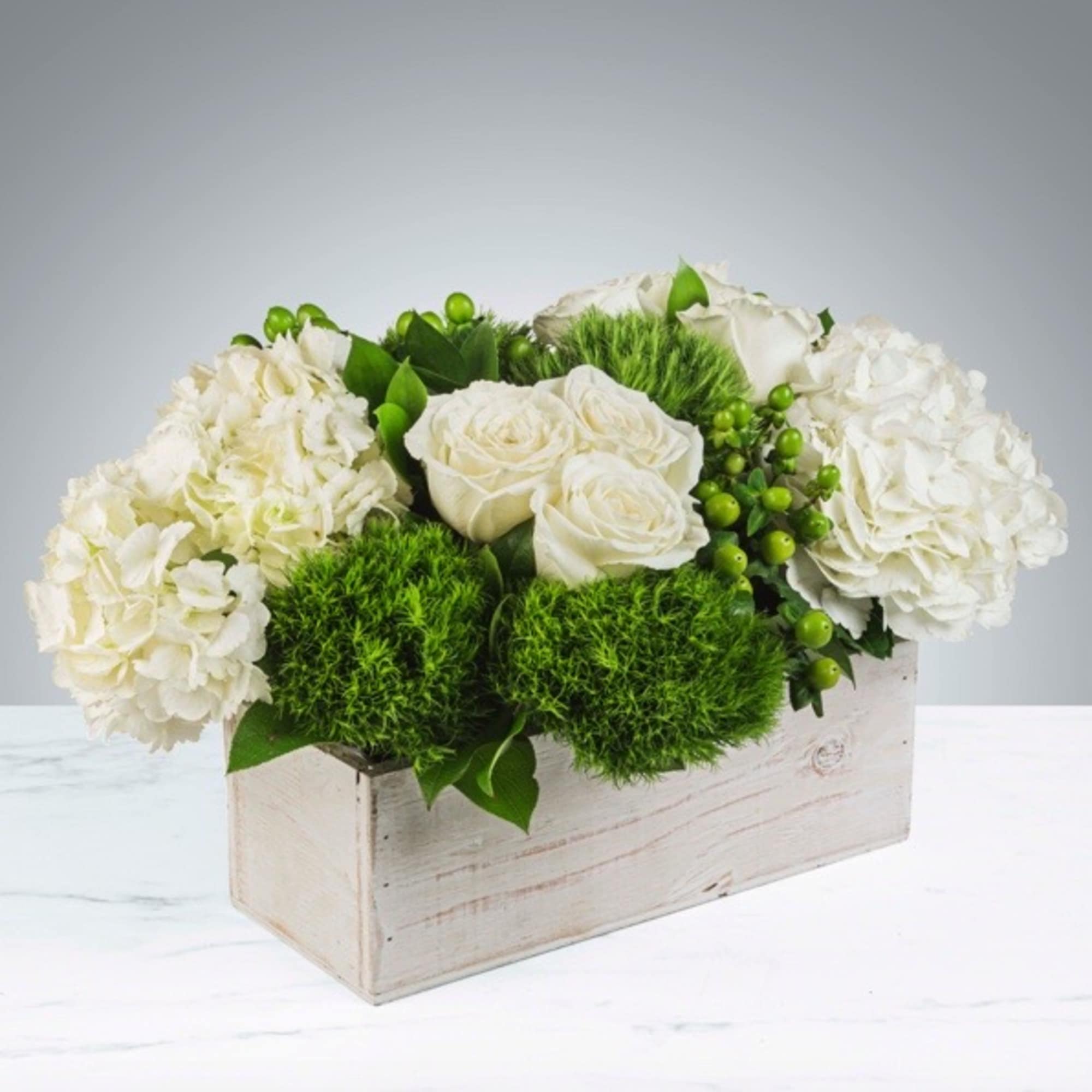 This crisp white and green arrangement includes roses, dianthus, and hydrangeas. The