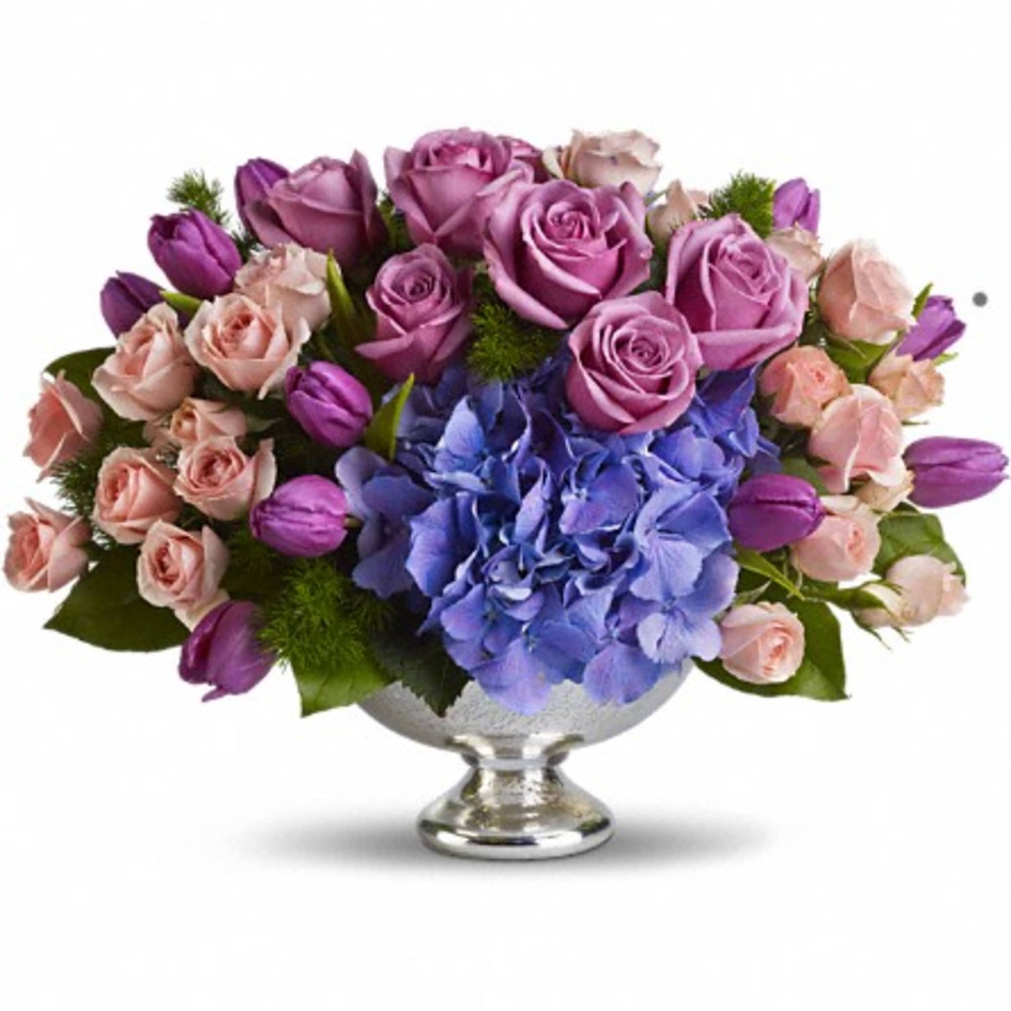 A masterpiece in purple. This lush lavender array mixes beautiful blue hydrangea