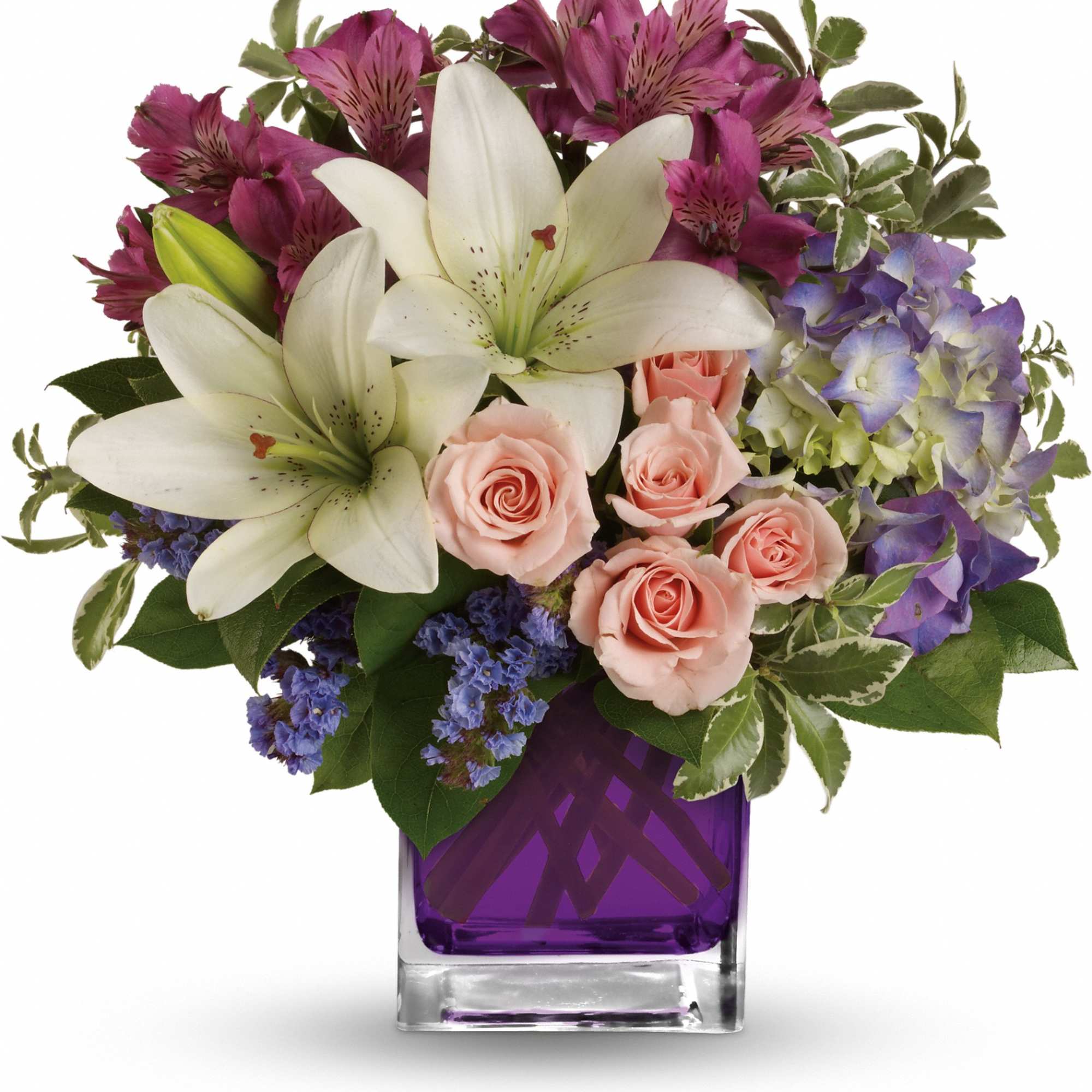 Hello, gorgeous! This lovely bouquet includes purple hydrangea, light pink spray roses