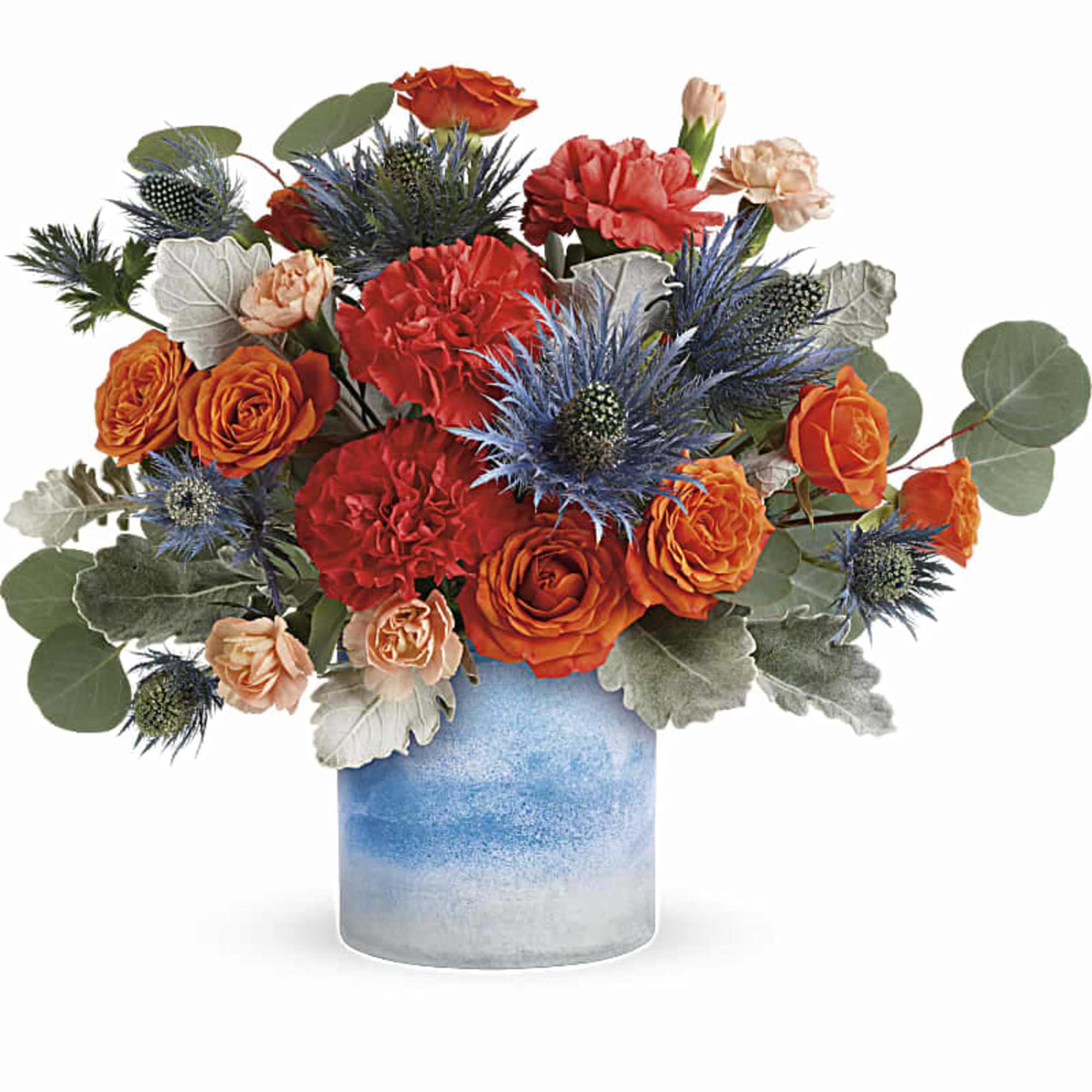 One of a kind! This standout mix of bold orange roses and