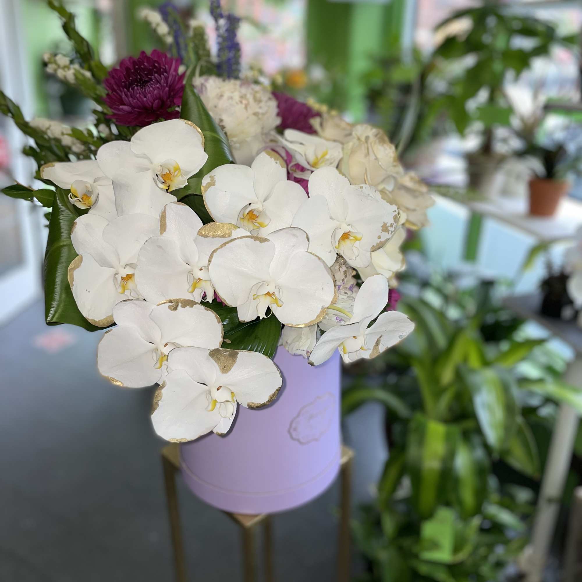 This beautiful arrangement has white orchid, white roses, purple mums, white hydrangea.