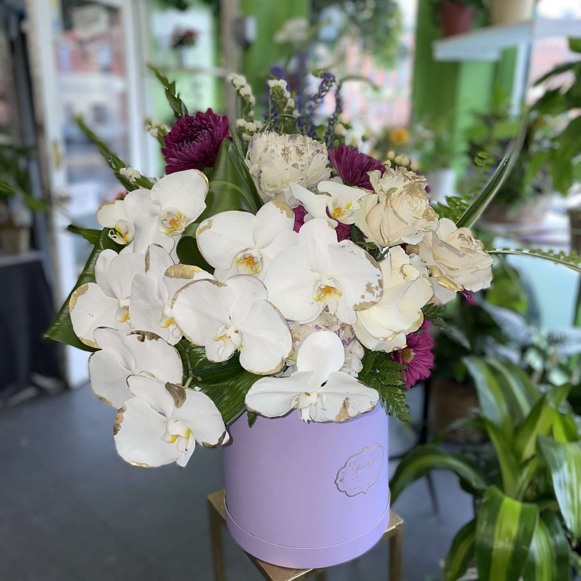 This beautiful arrangement has white orchid, white roses, purple mums, white hydrangea.