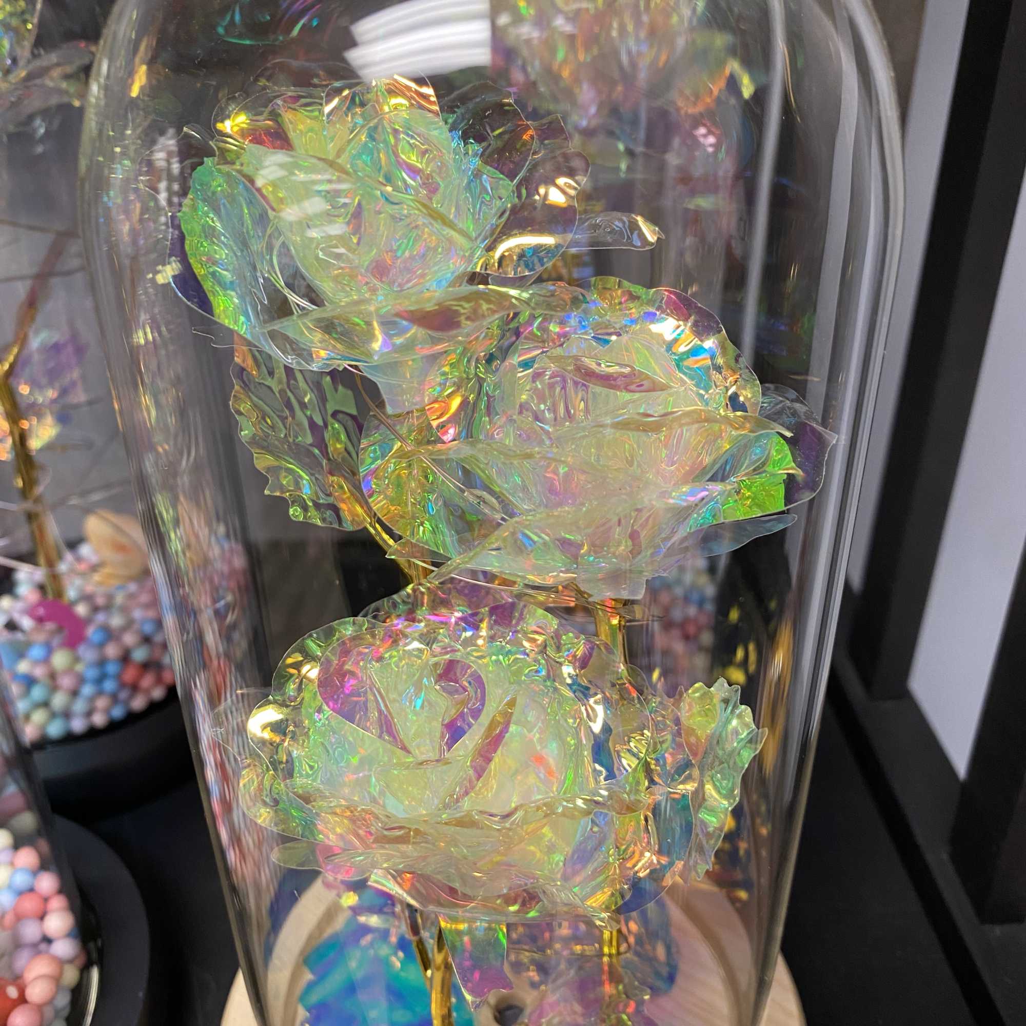 Beautiful artificial roses that are wrapped around LED lights in your choice