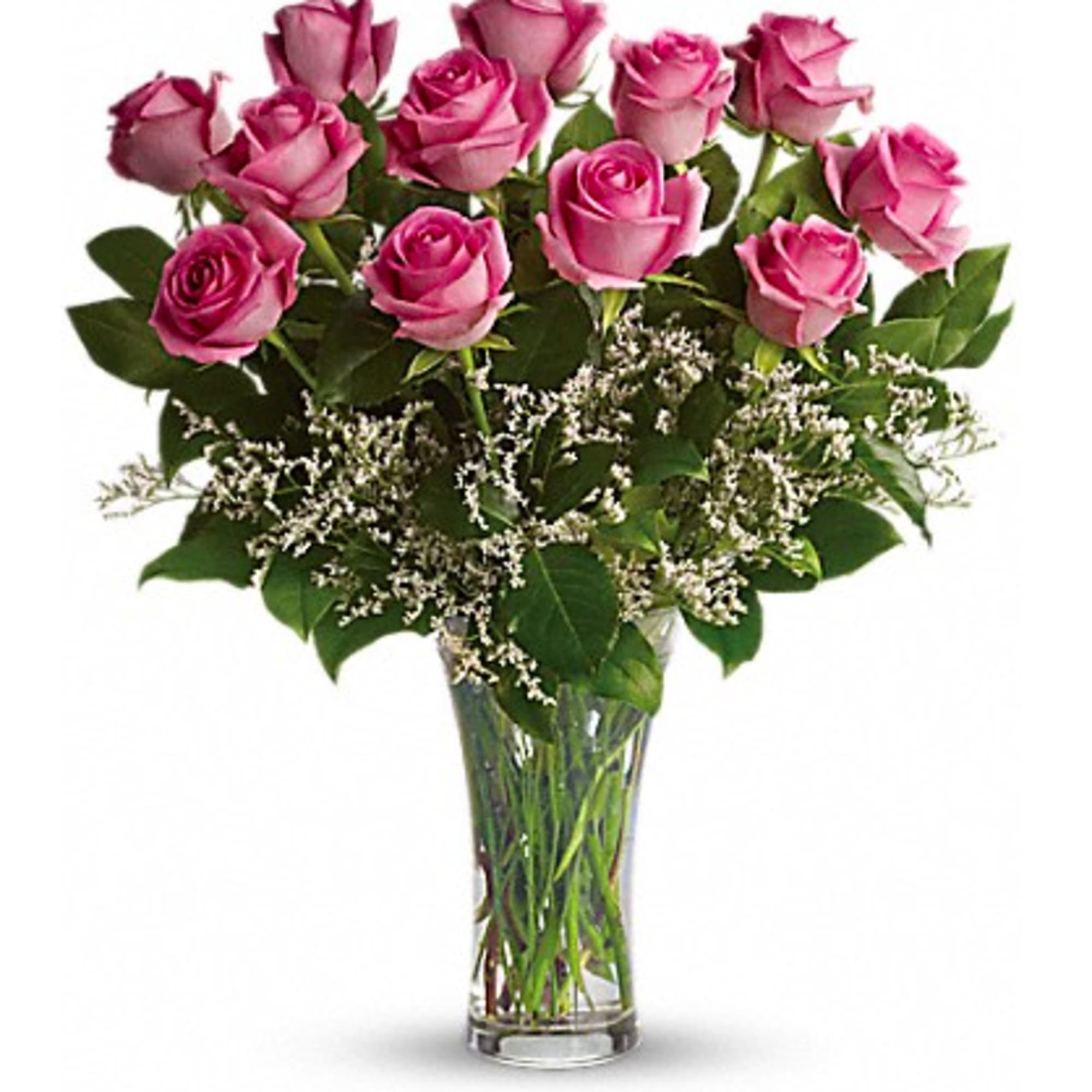 one Dozen Beautifully arranged roses with fillers and Greens. Comes in a