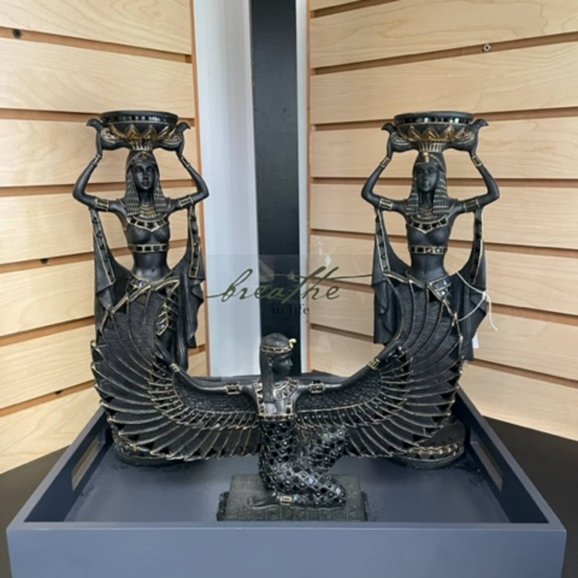 Breathe in Life - Decorative black angel statues on a black tray