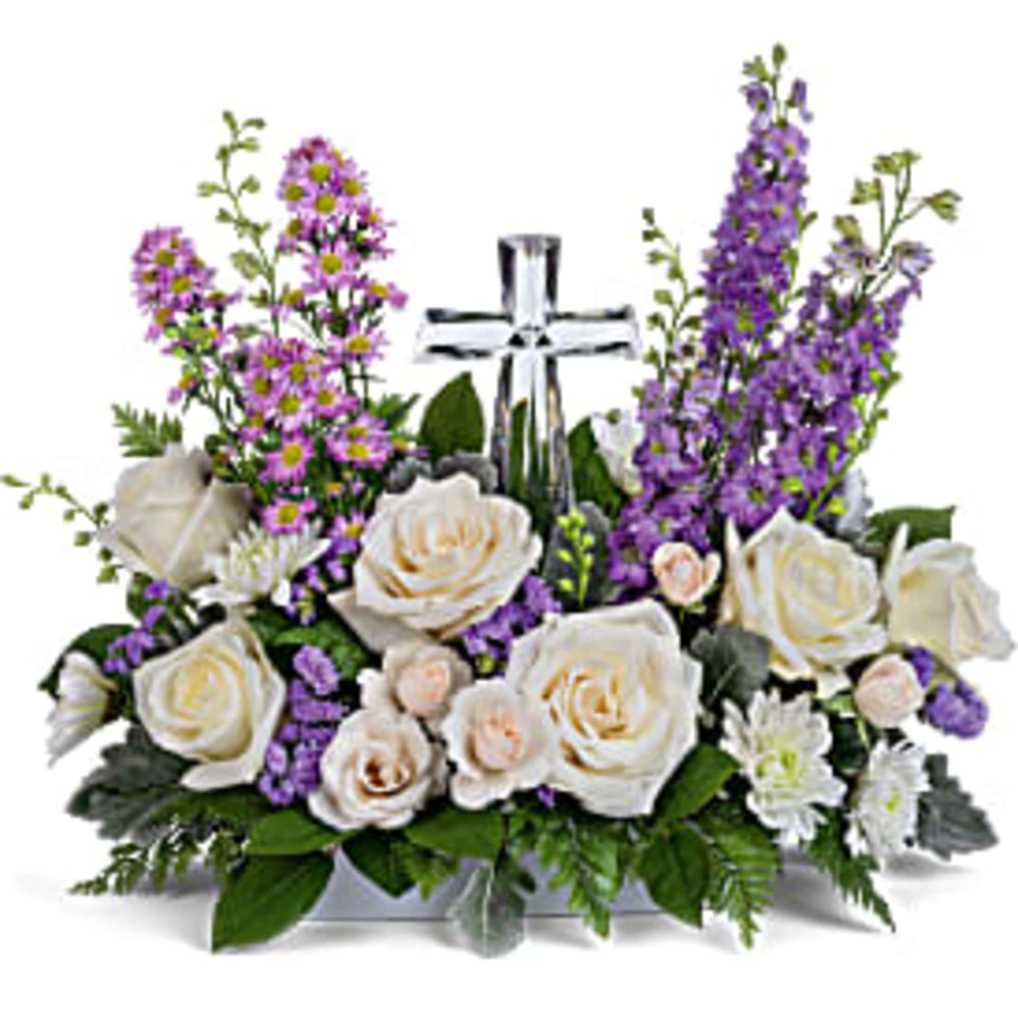 Soft and serene, this artistic array of cream and lavender blooms around