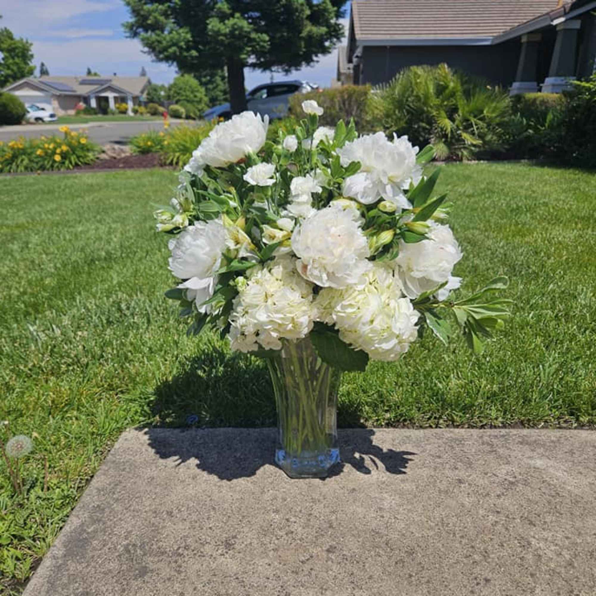 All the freshest white flowers in season in a vase with greens