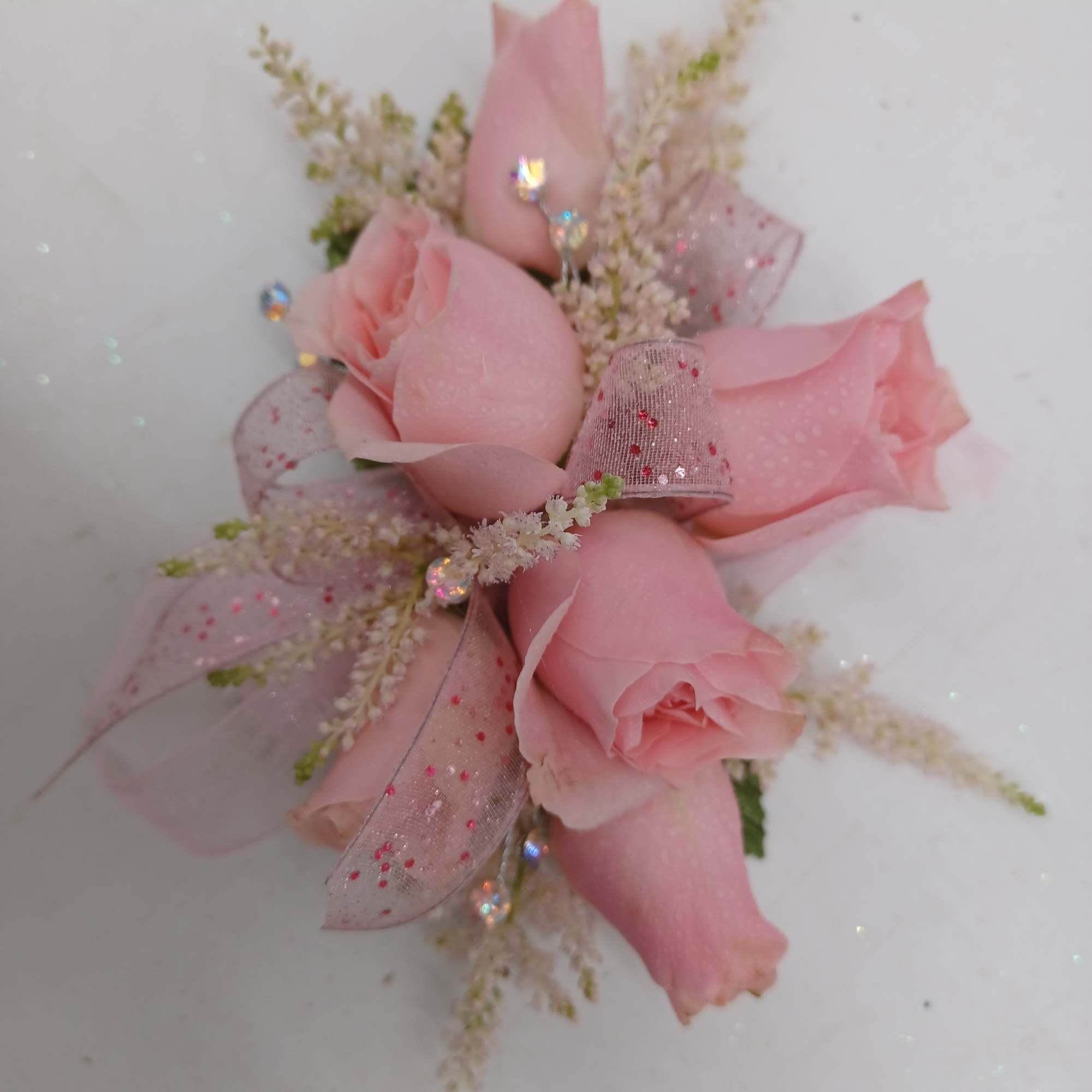 Pink Spray Roses, Rhinestones, Ribbons, Small white accent flower & Greenery all Pink Spray Roses, Rhinestones, Ribbons, Small white accent flower & Greenery all