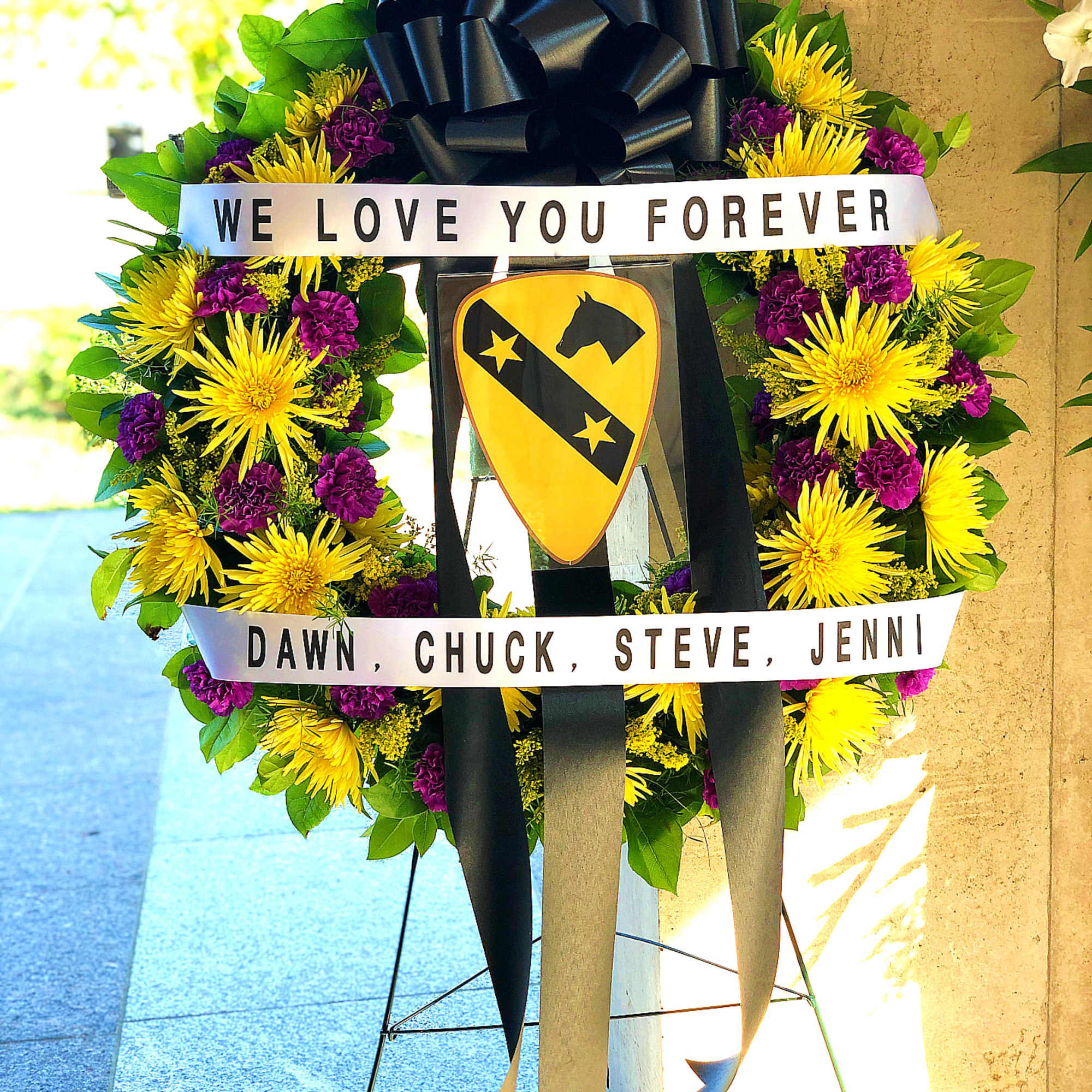 30&quot; CAVALRY WREATH WITH PLACARD AND 2 BANNERS BY TWIN TOWERS FLORIST