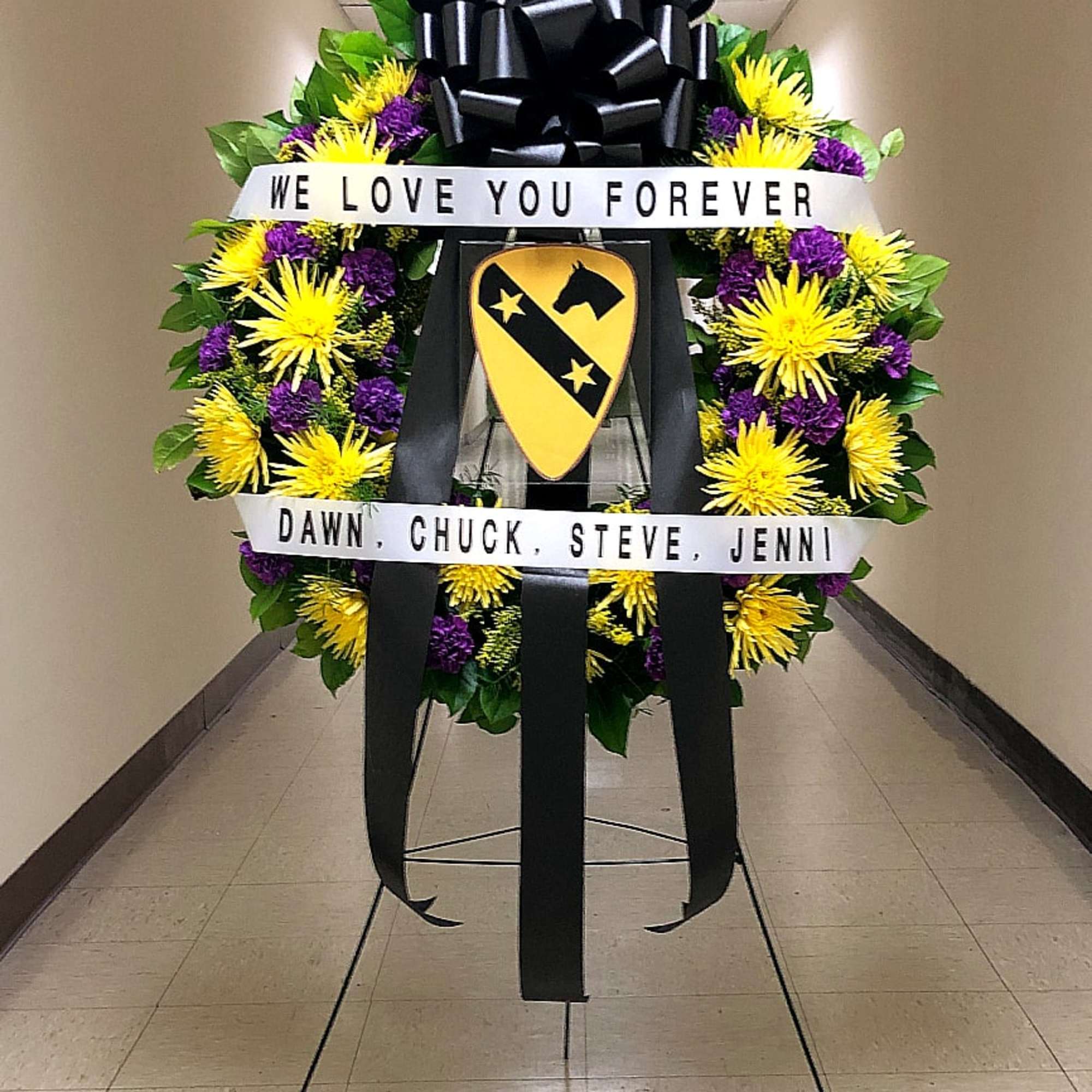 30&quot; CAVALRY WREATH WITH PLACARD AND 2 BANNERS BY TWIN TOWERS FLORIST