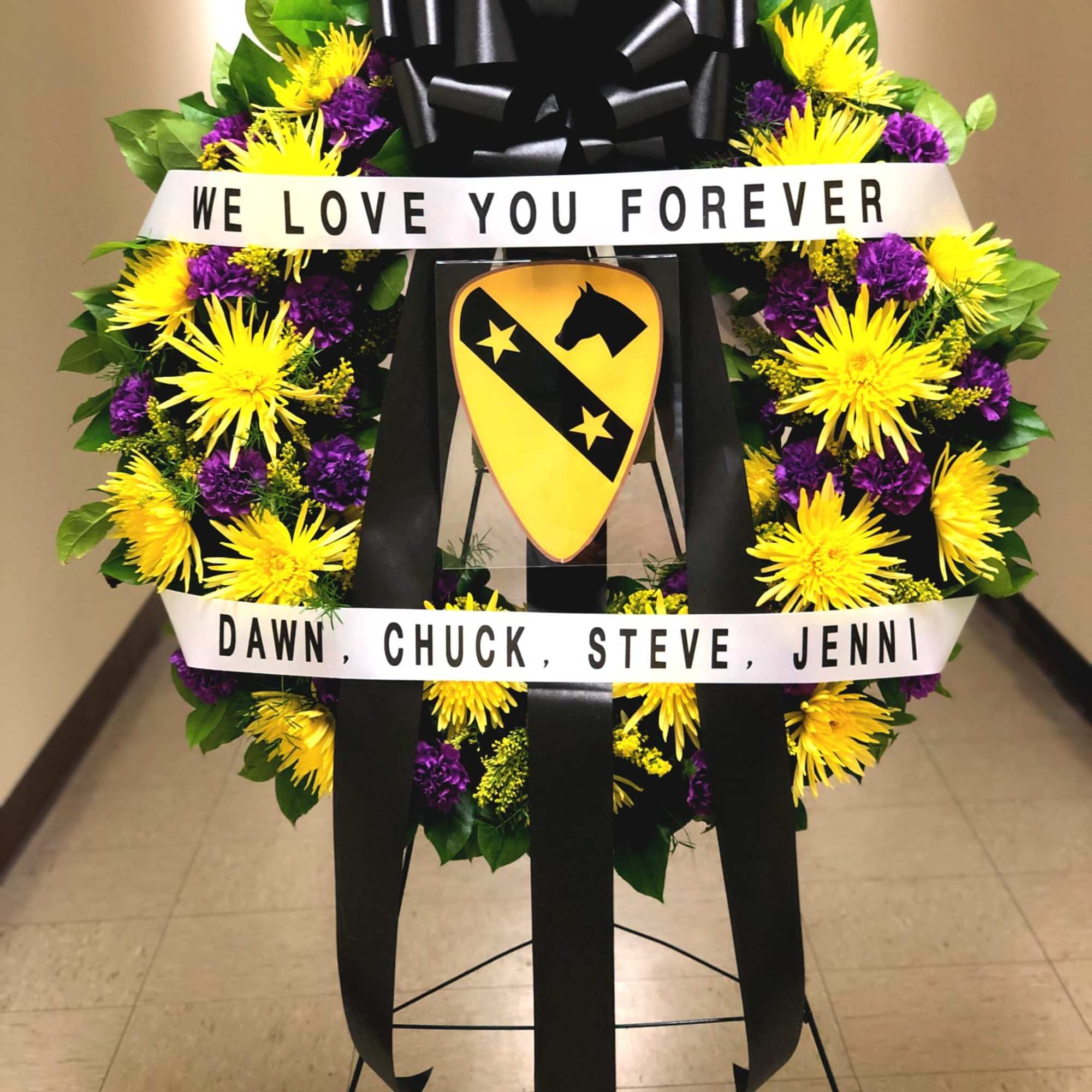 30&quot; CAVALRY WREATH WITH PLACARD AND 2 BANNERS BY TWIN TOWERS FLORIST