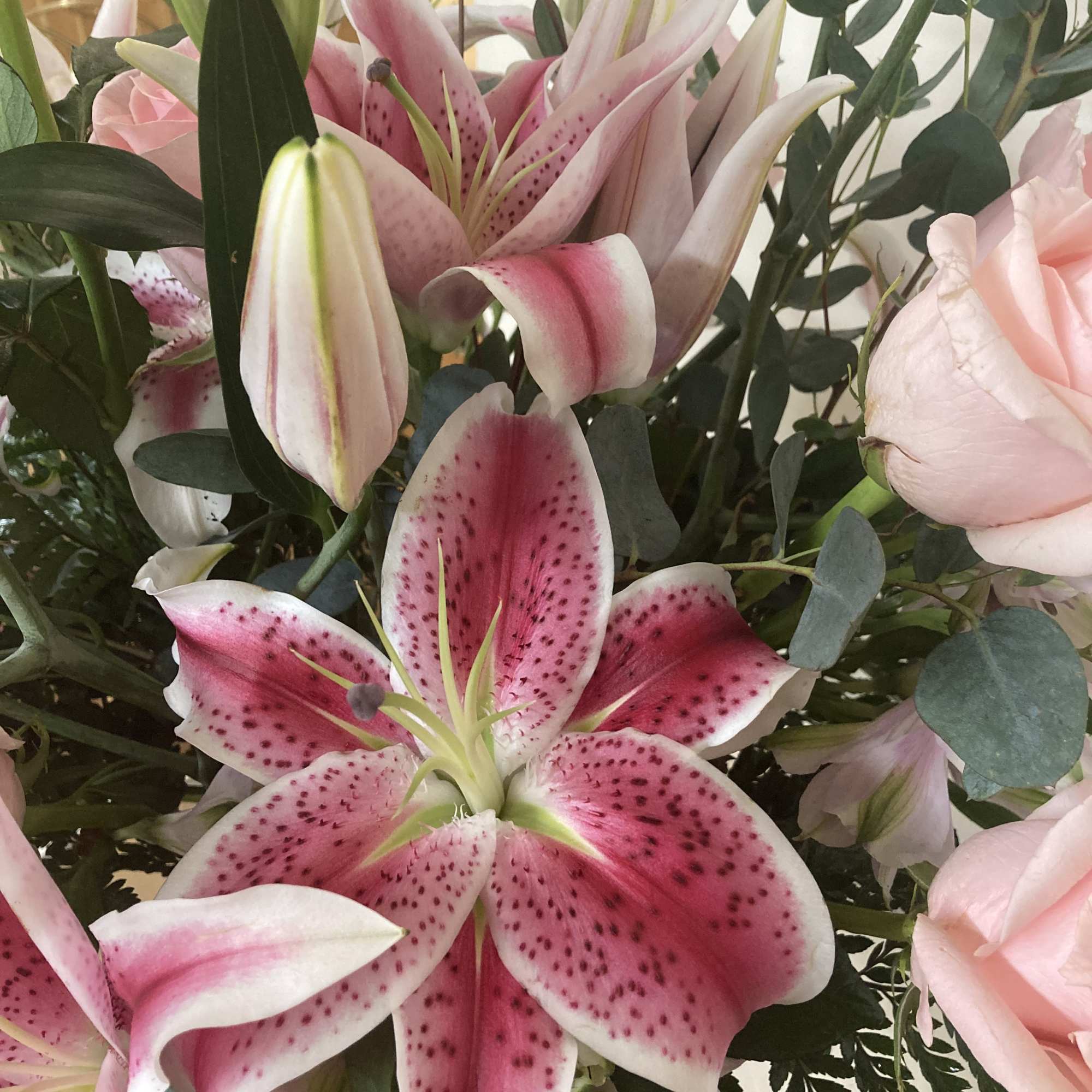 Stargazers and pink roses share space among the eucalyptus and leatherleaf.