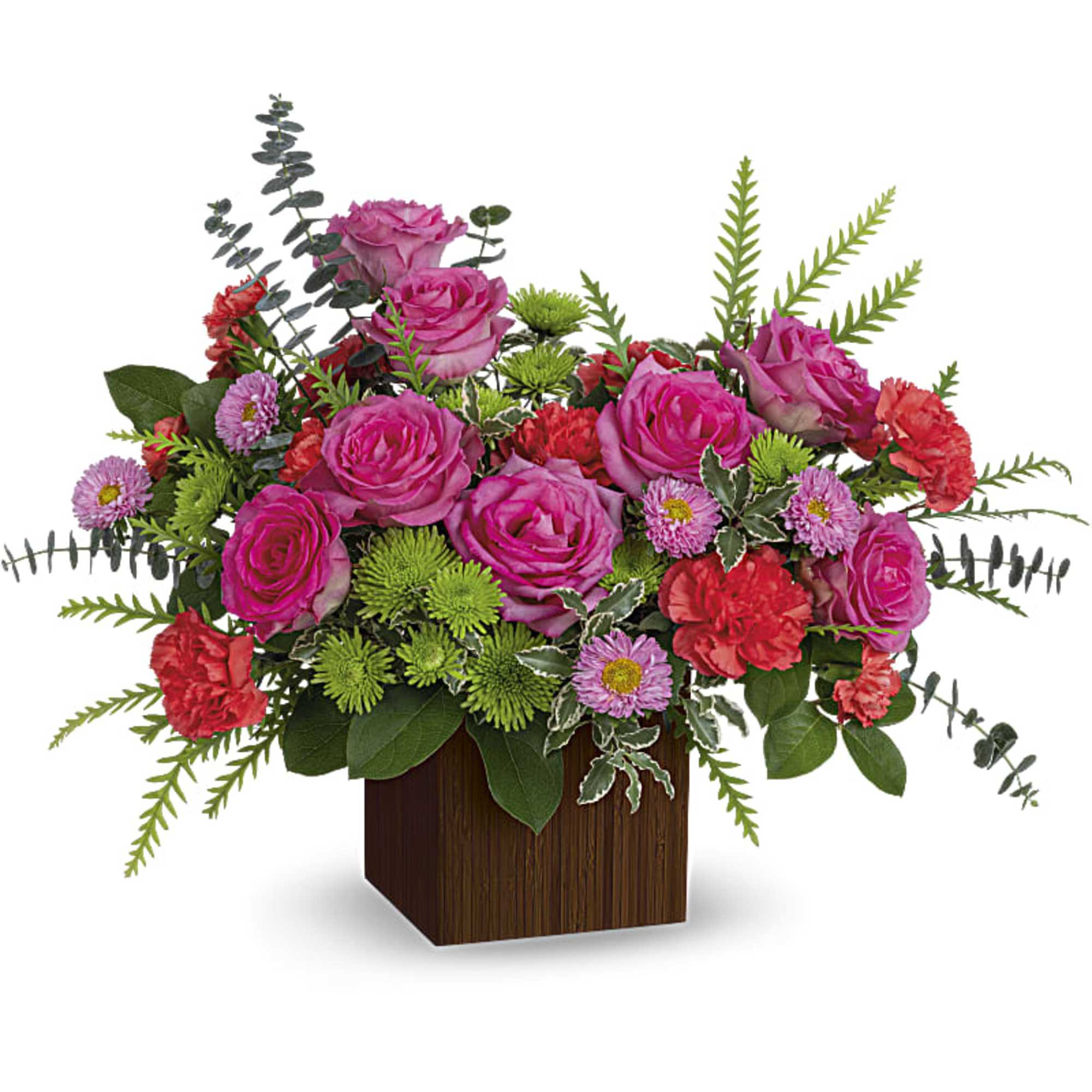 Heat things up with happy, hot pink roses and fresh green mums!