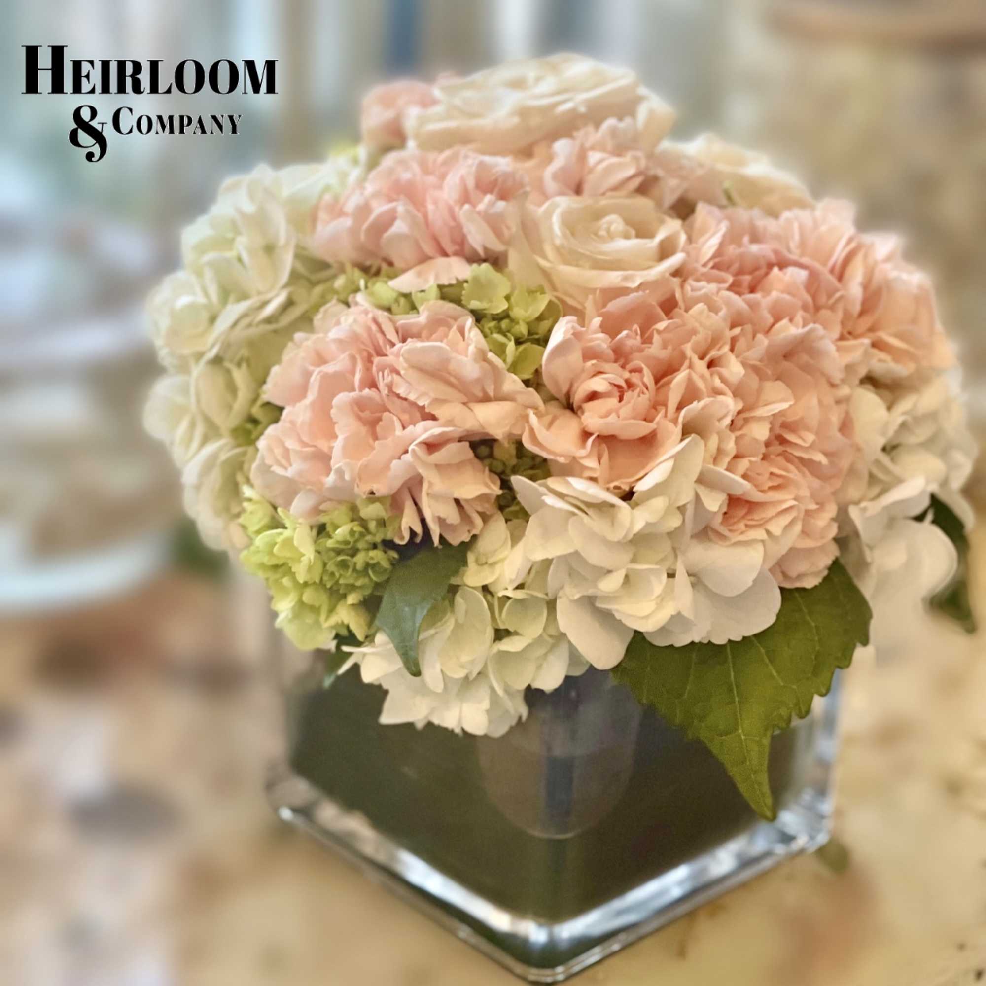White and green hydrangeas alongside blush carnations, presented in a stylish glass
