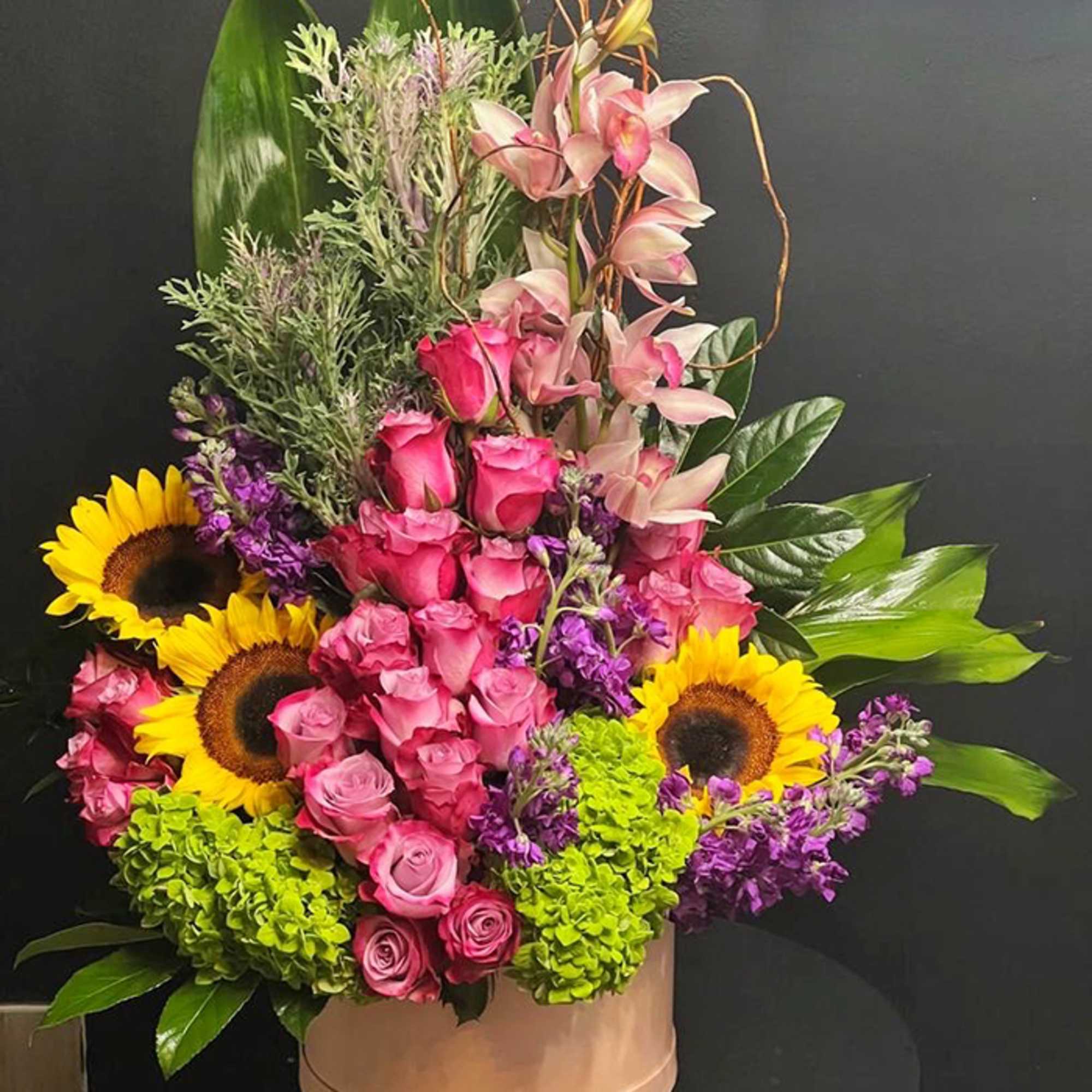 Sunflowers, Roses, Hydrangeas, Orchids, Green Foliage, Box