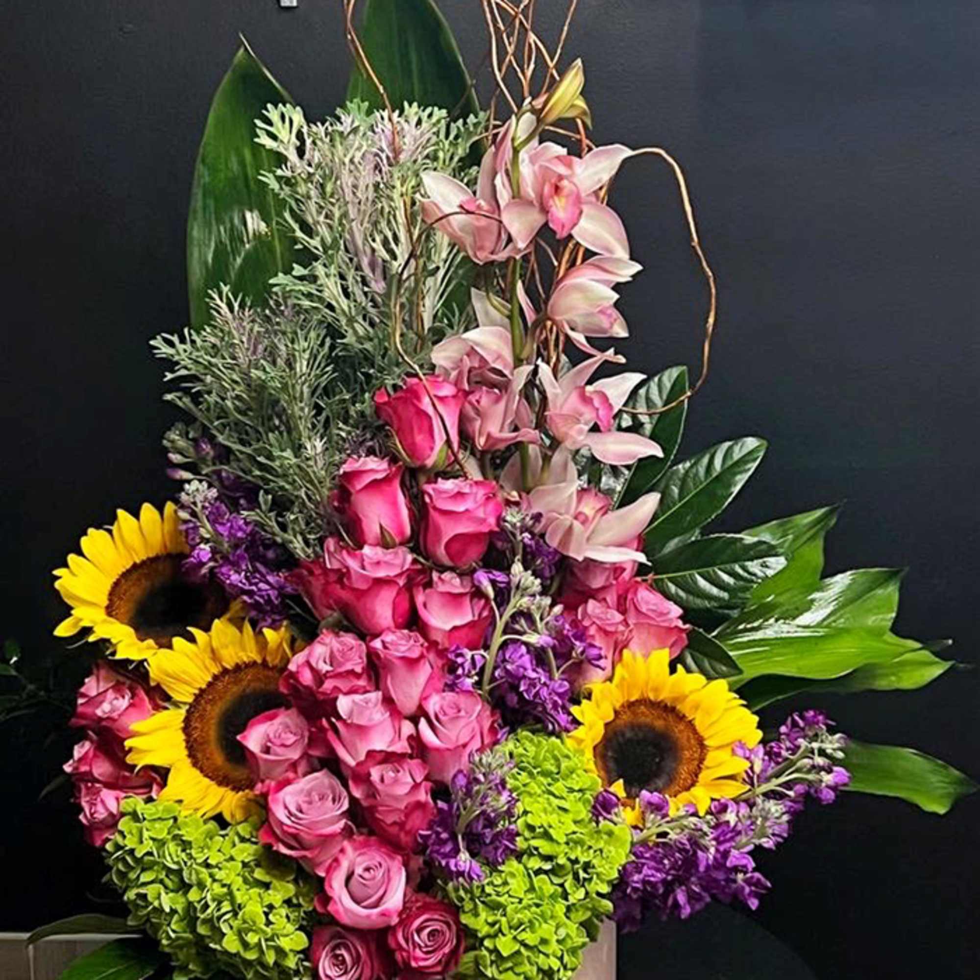 Sunflowers, Roses, Hydrangeas, Orchids, Green Foliage, Box