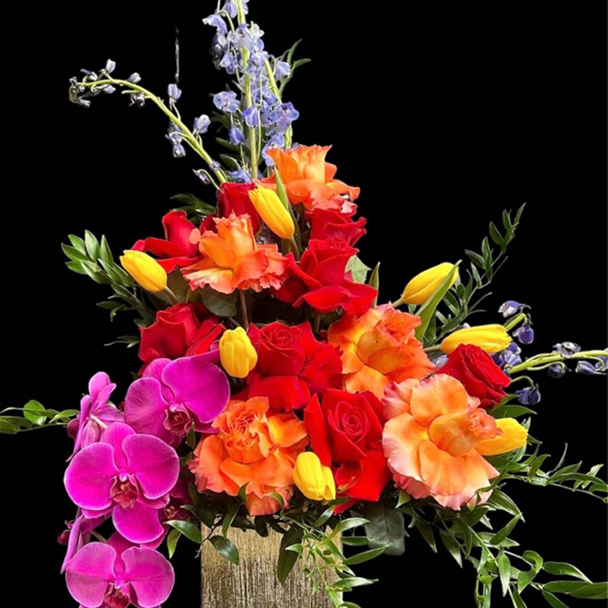 Roses, Purple Phalaenopsis, Tulips, Delphinium, Butcher&rsquo;s Broom, Golden Ceramic Base.