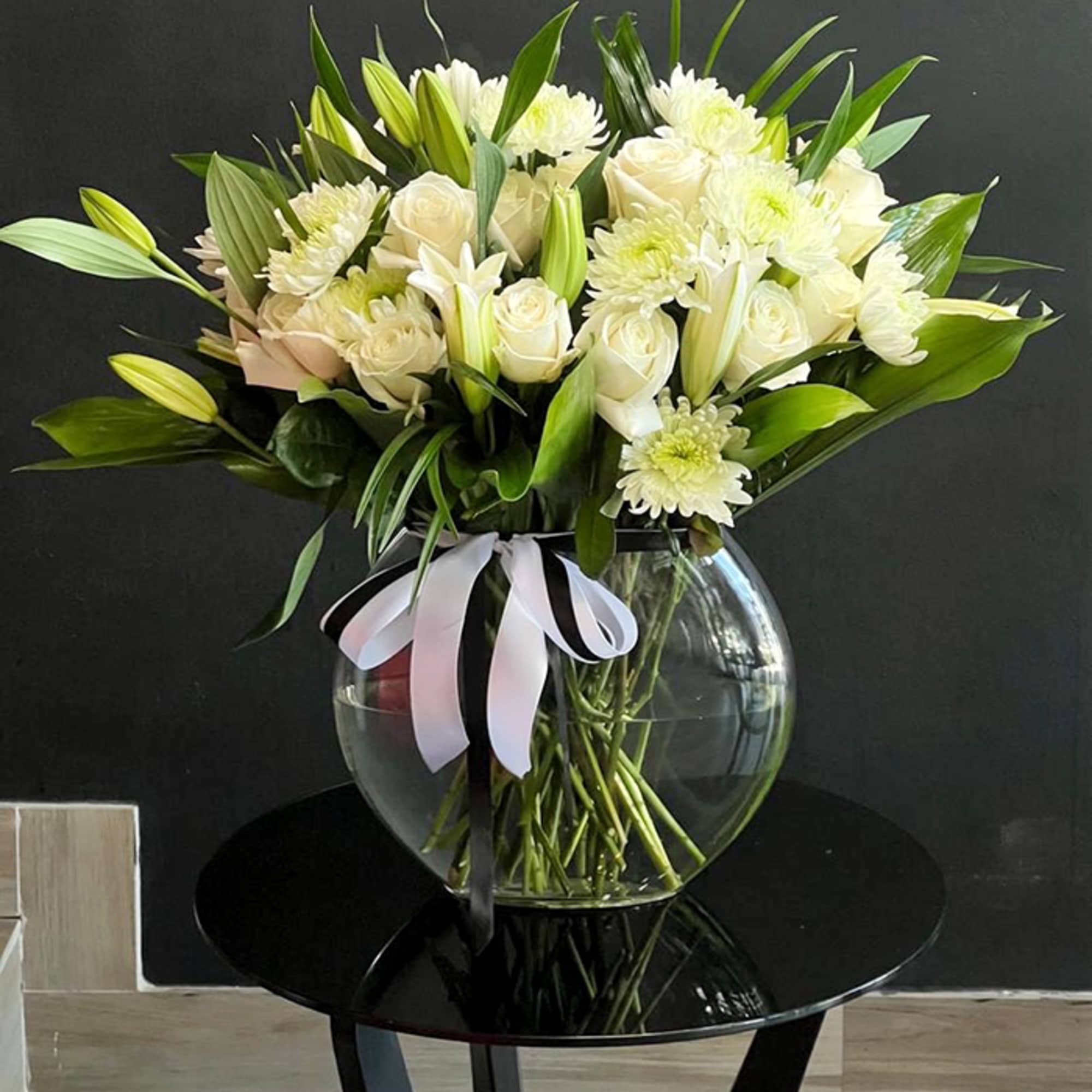 24 Roses, Chrysanthemums, Lilies, Foliage, Crystal Base
