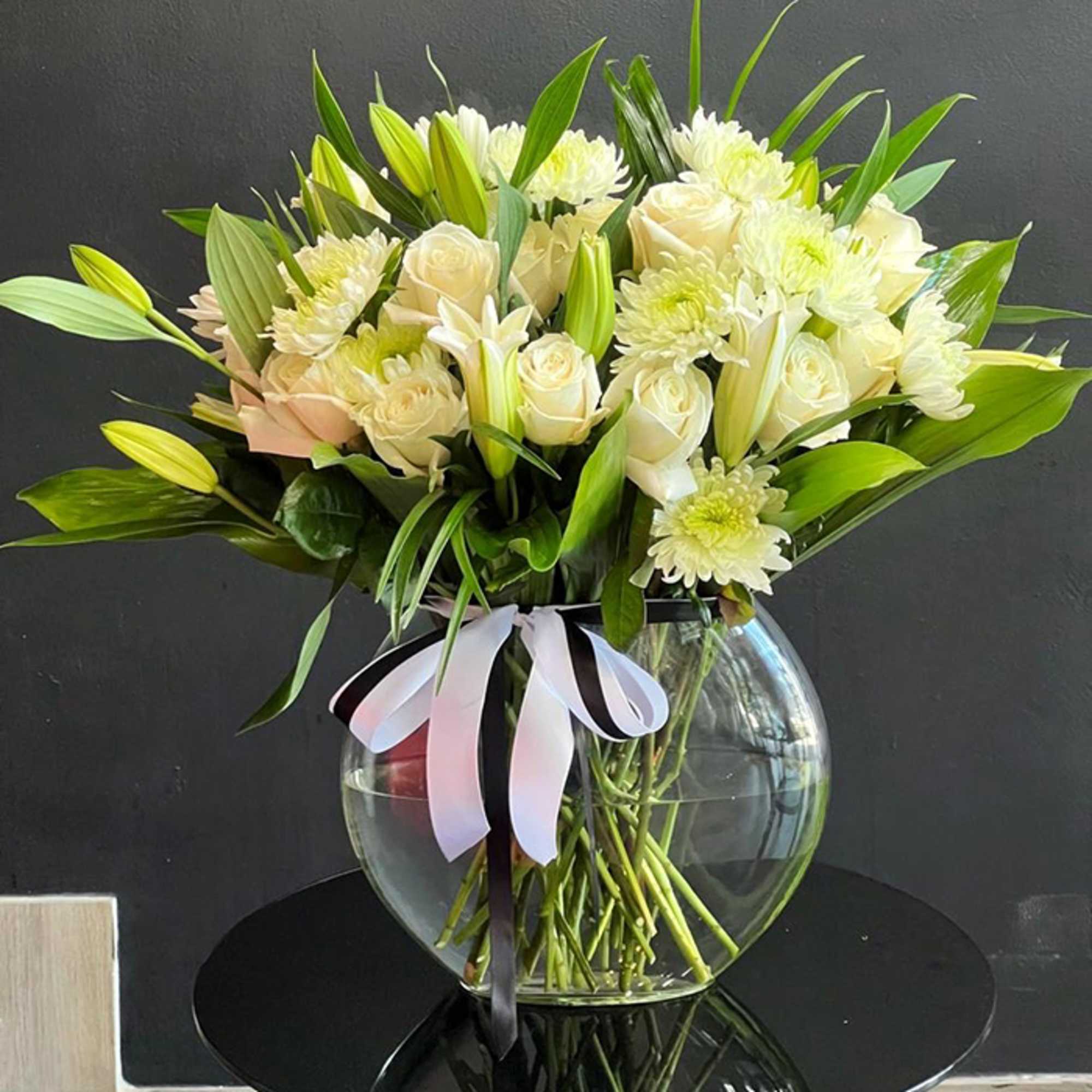 24 Roses, Chrysanthemums, Lilies, Foliage, Crystal Base
