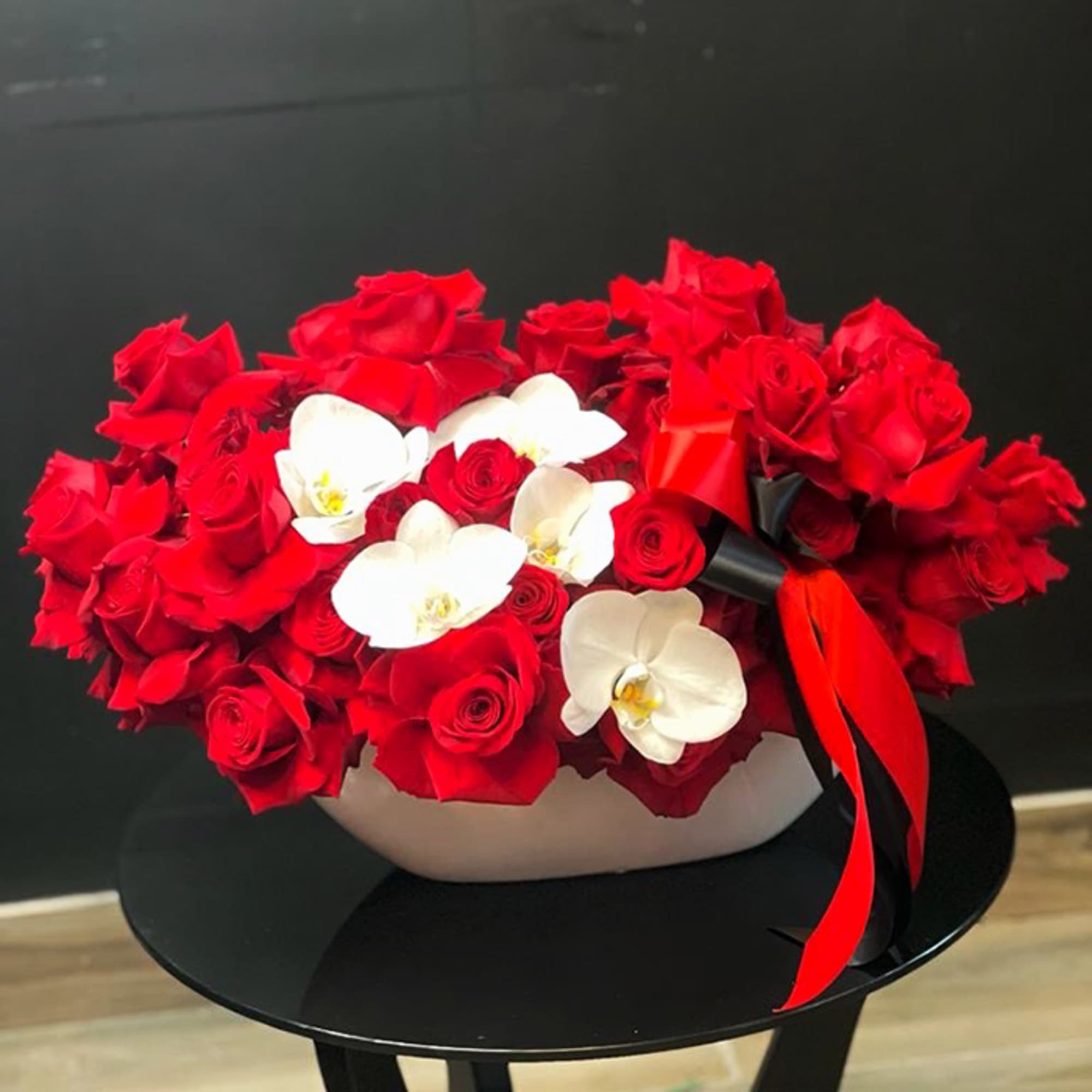 50 Red Roses, Orchids, Ceramic Base