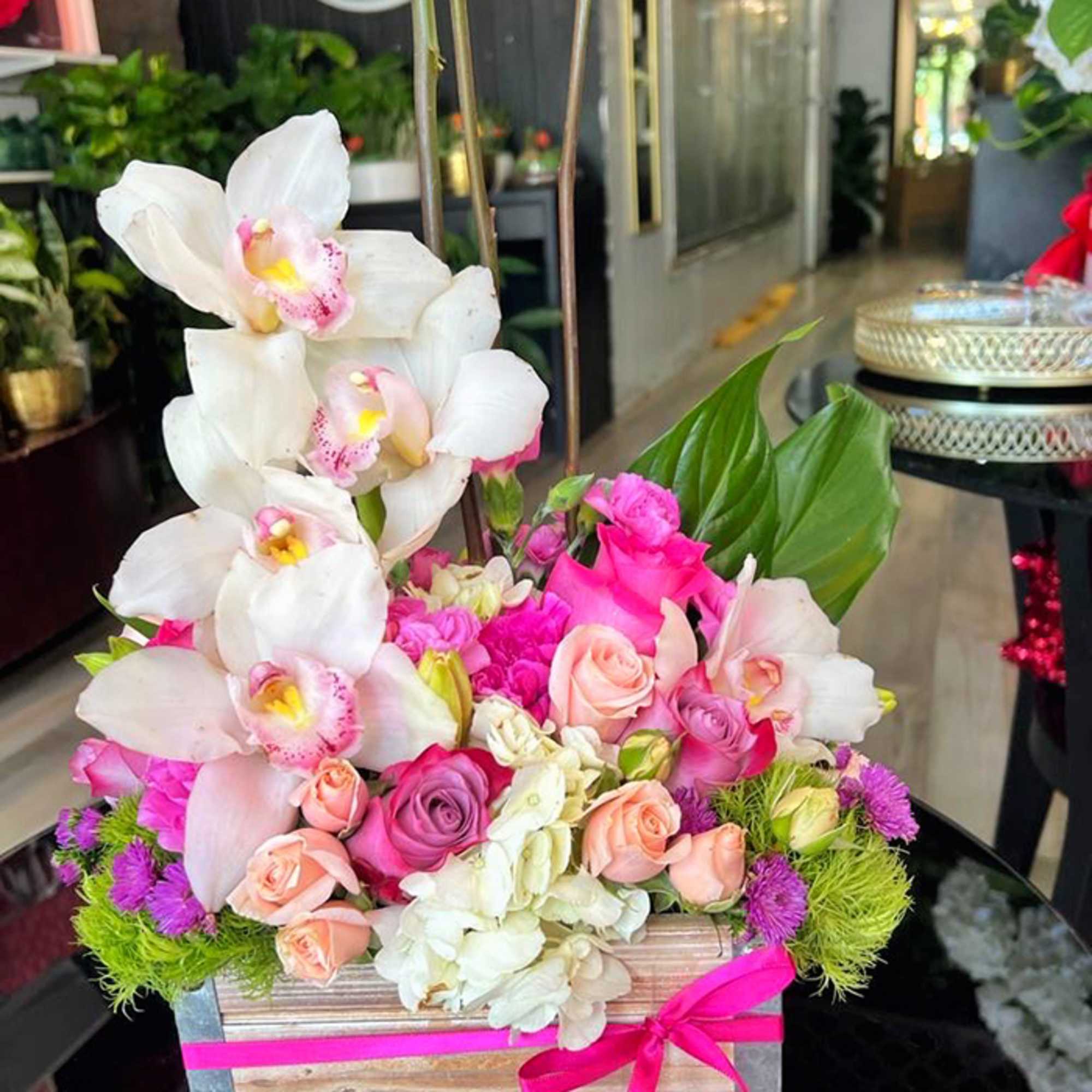 Wooden Box with Luxe Roses, Cymbidium Orchids and Mixed Flowers.