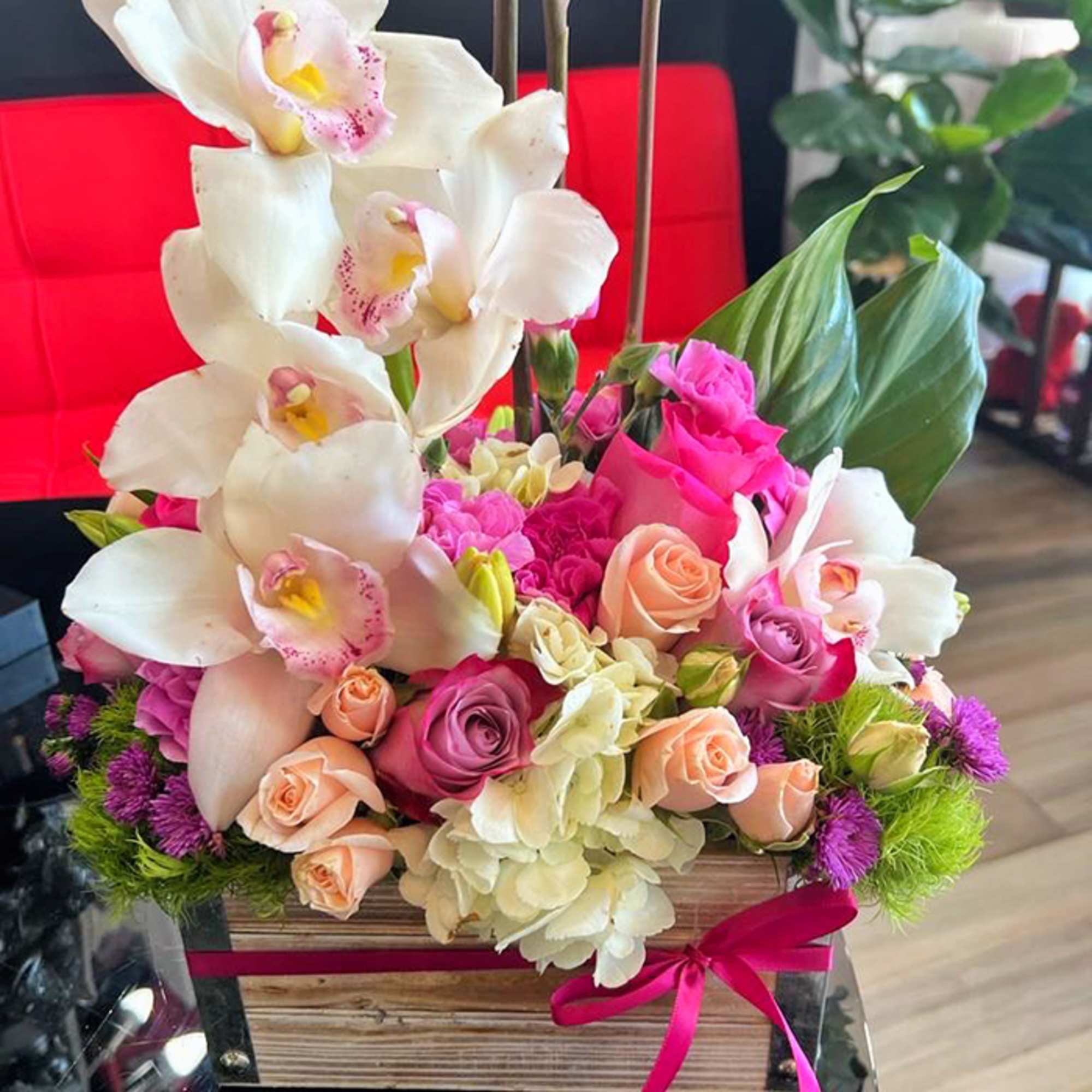 Wooden Box with Luxe Roses, Cymbidium Orchids and Mixed Flowers.