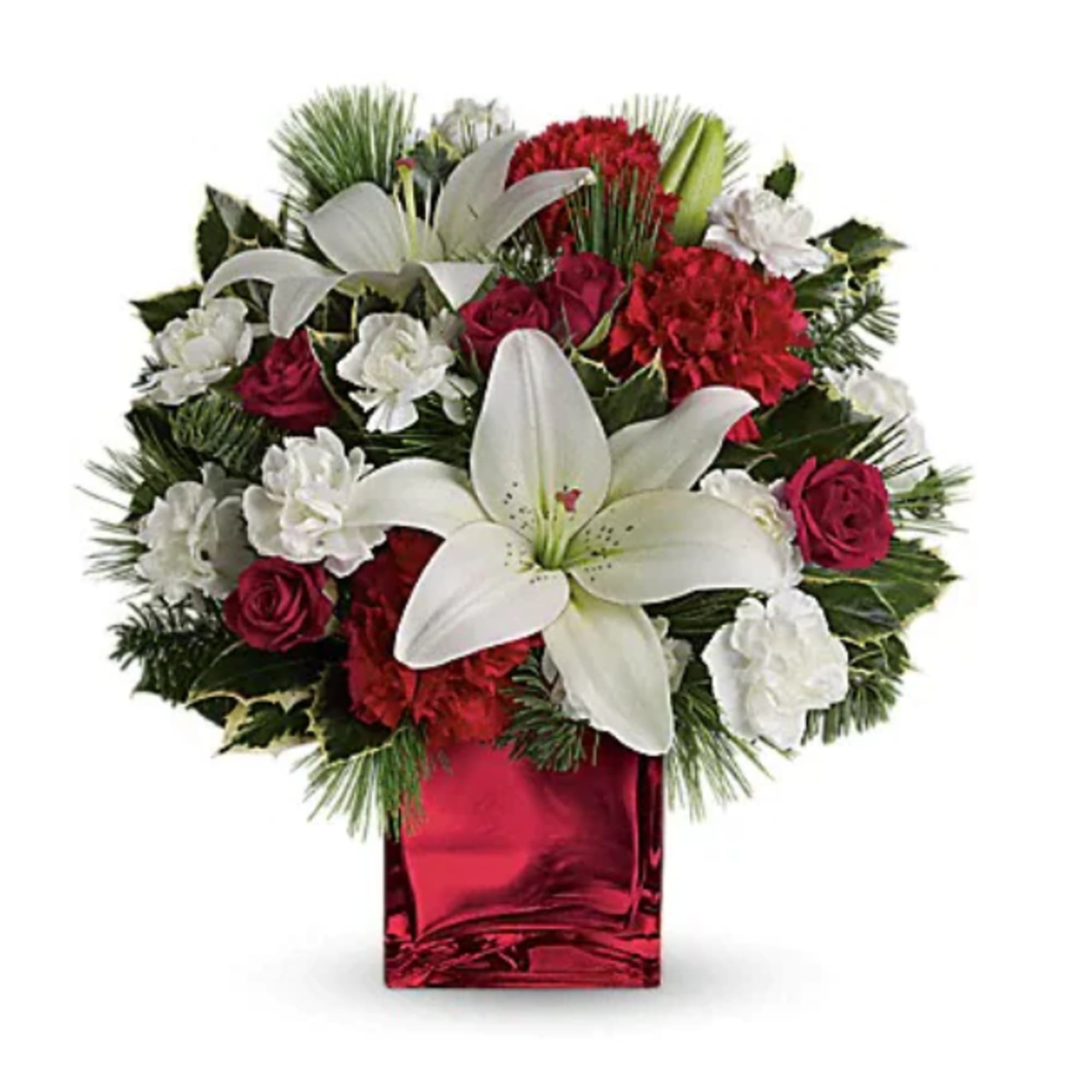 This festive holiday bouquet includes red roses and white asiatic lilies presented This festive holiday bouquet includes red roses and white asiatic lilies presented