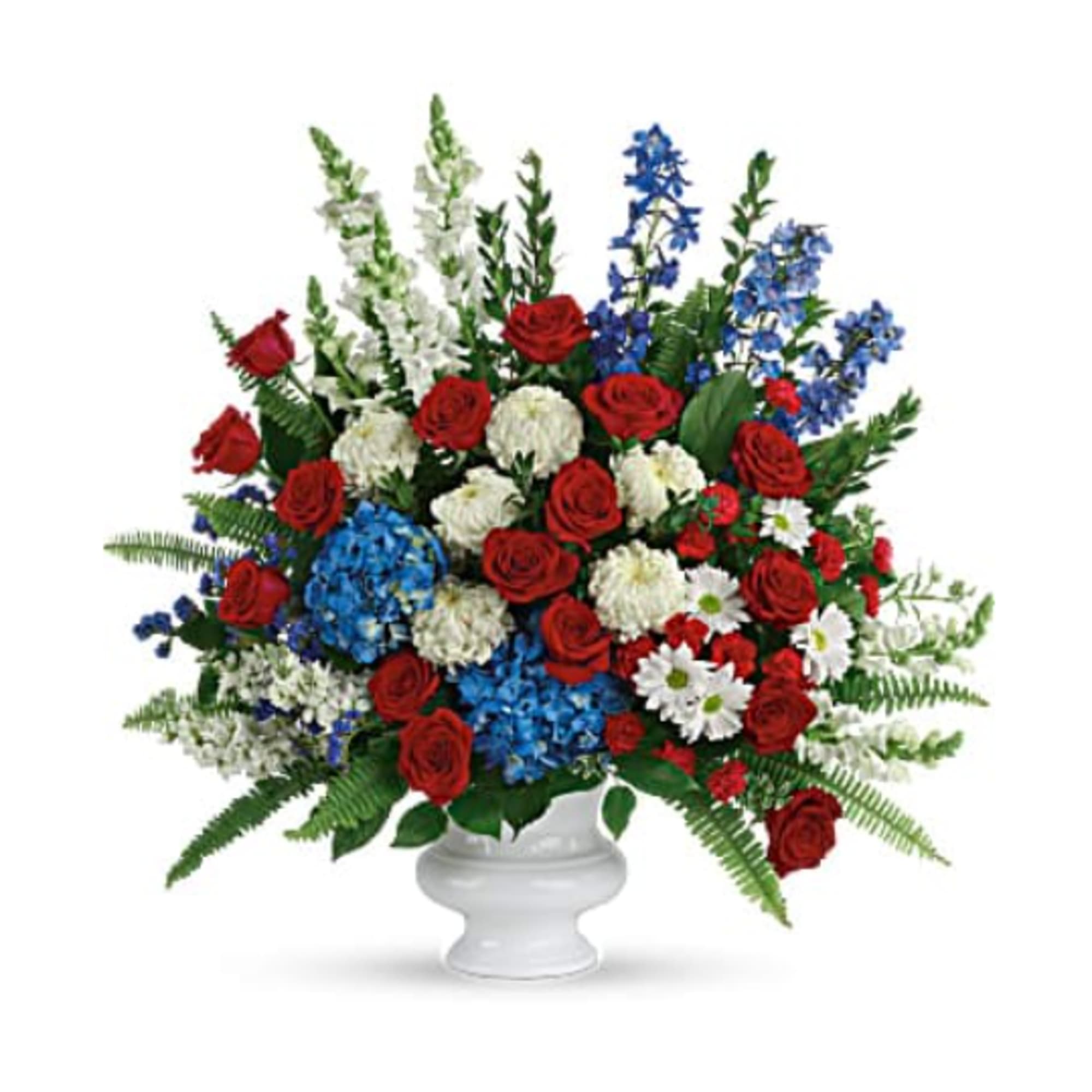 &quot;A dazzling display of patriotic red, white and blue flowers sends a