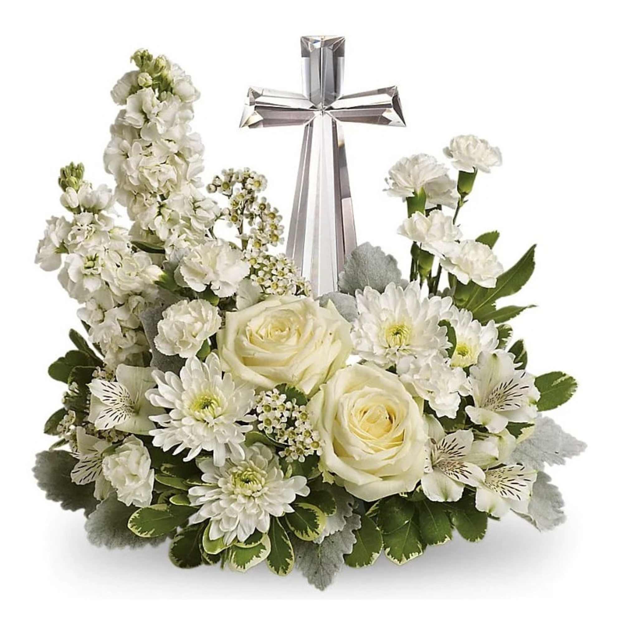 An elegant display of faith and divine peace, this beautiful arrangement will