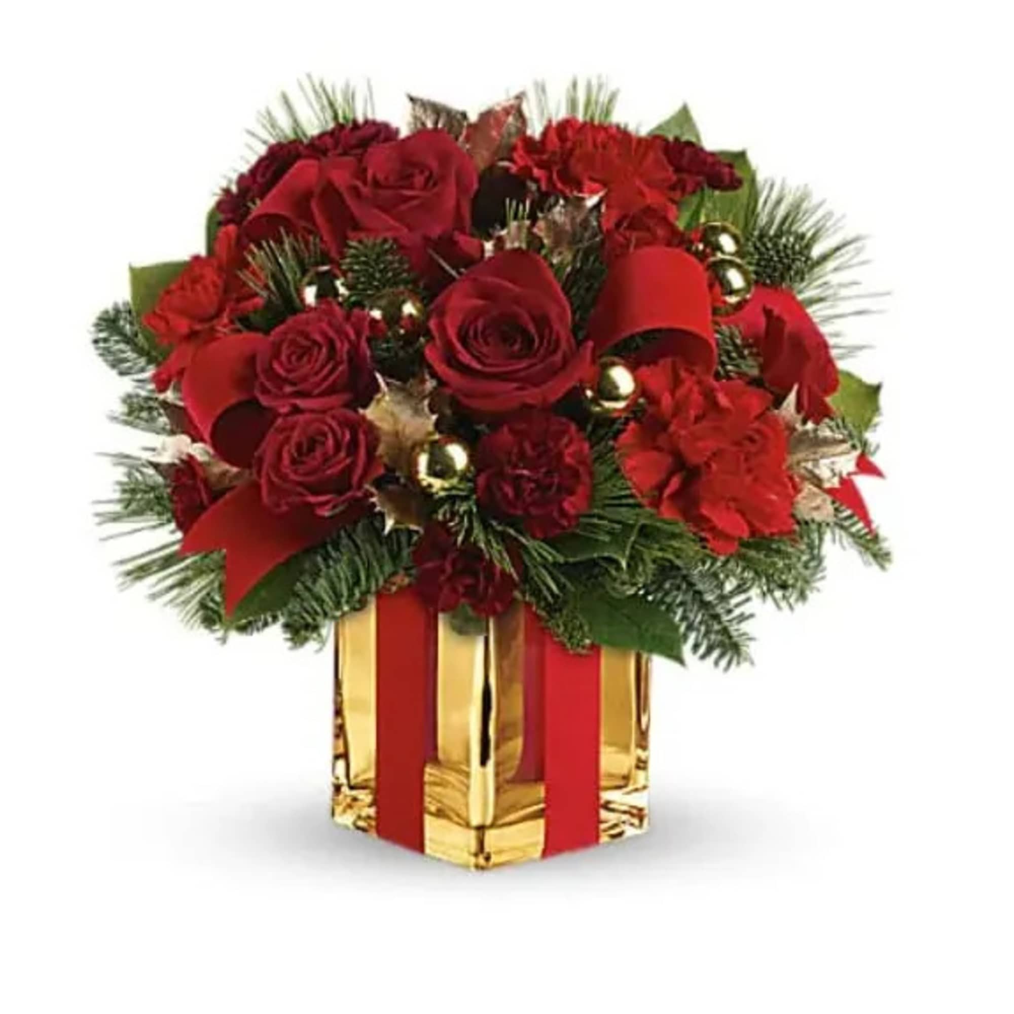 Lush red roses, fresh winter greens and a festive, gold mirrored glass