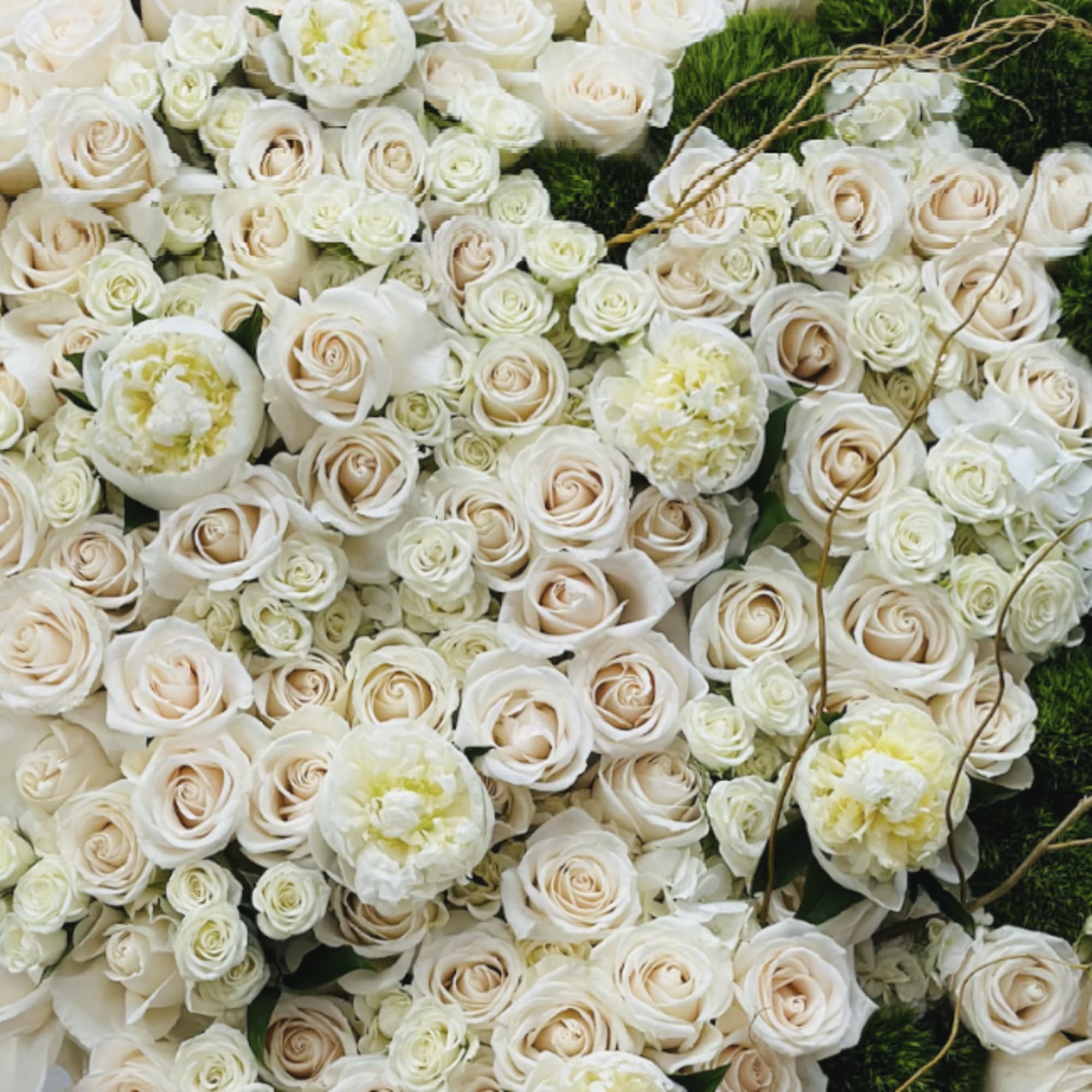 A beautiful full heart funeral arrangement. Filled with fresh florals, hydrangea, roses