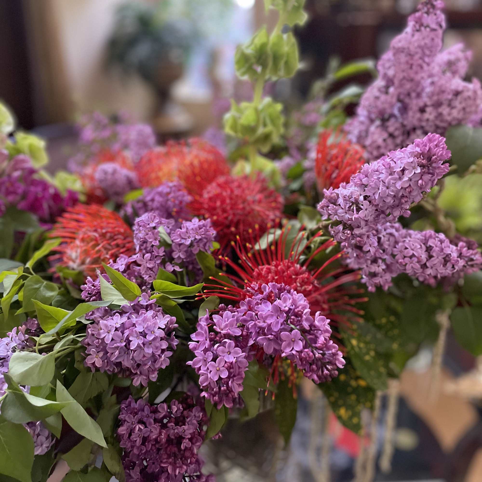 Lilacs and protea create a captivating and unique floral arrangement. Lilacs bring