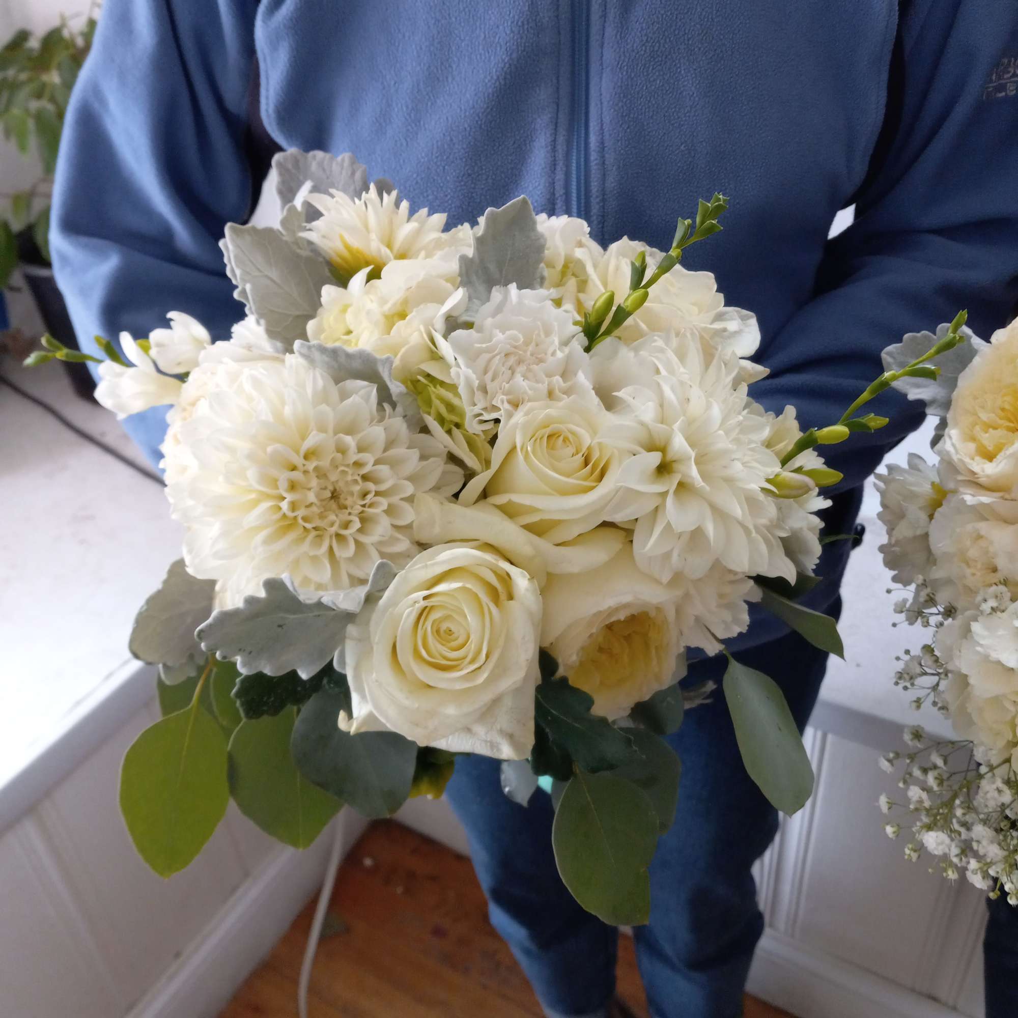 Beautiful Victorian, well-shaped and styled white dahlias, roses, garden roses, callas, yellow