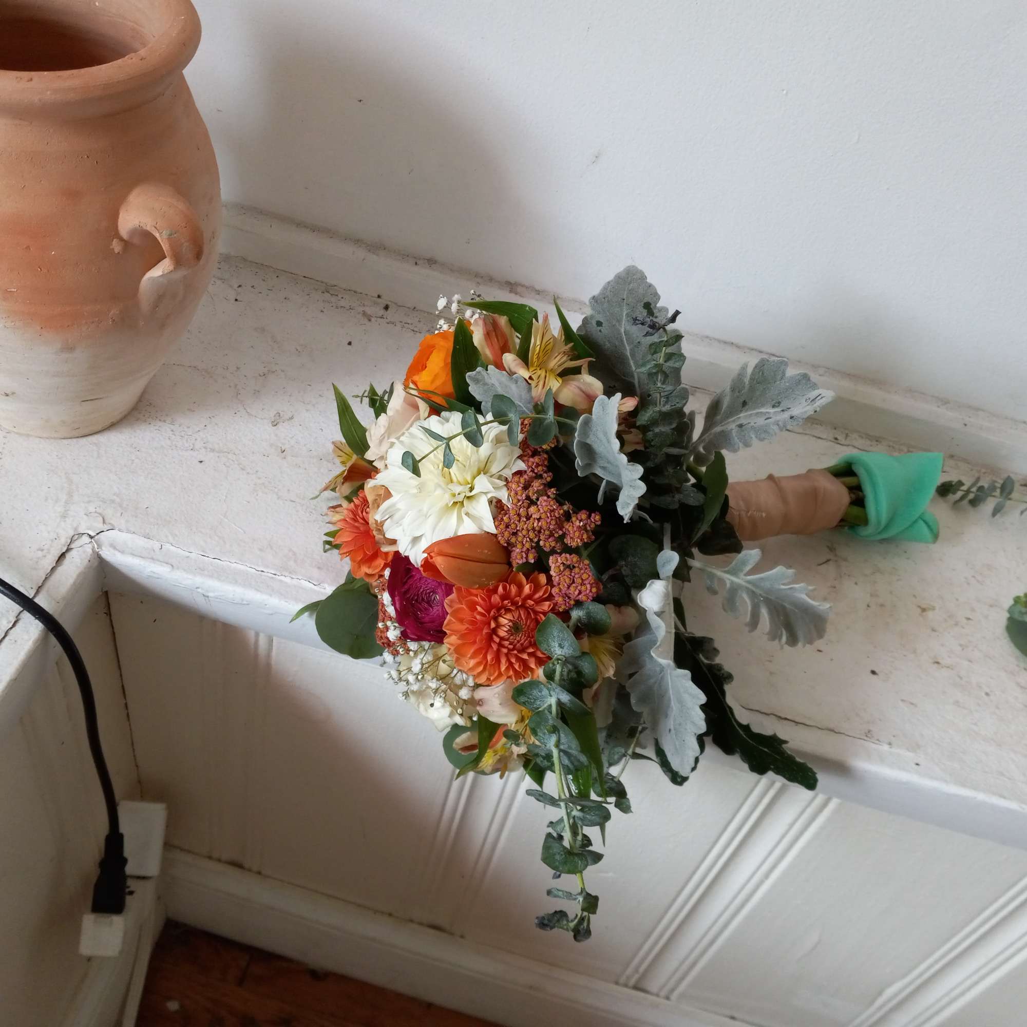 Beautiful fall colors dahlia, roses, alstroemeria and other flowers round posy bridesmaids