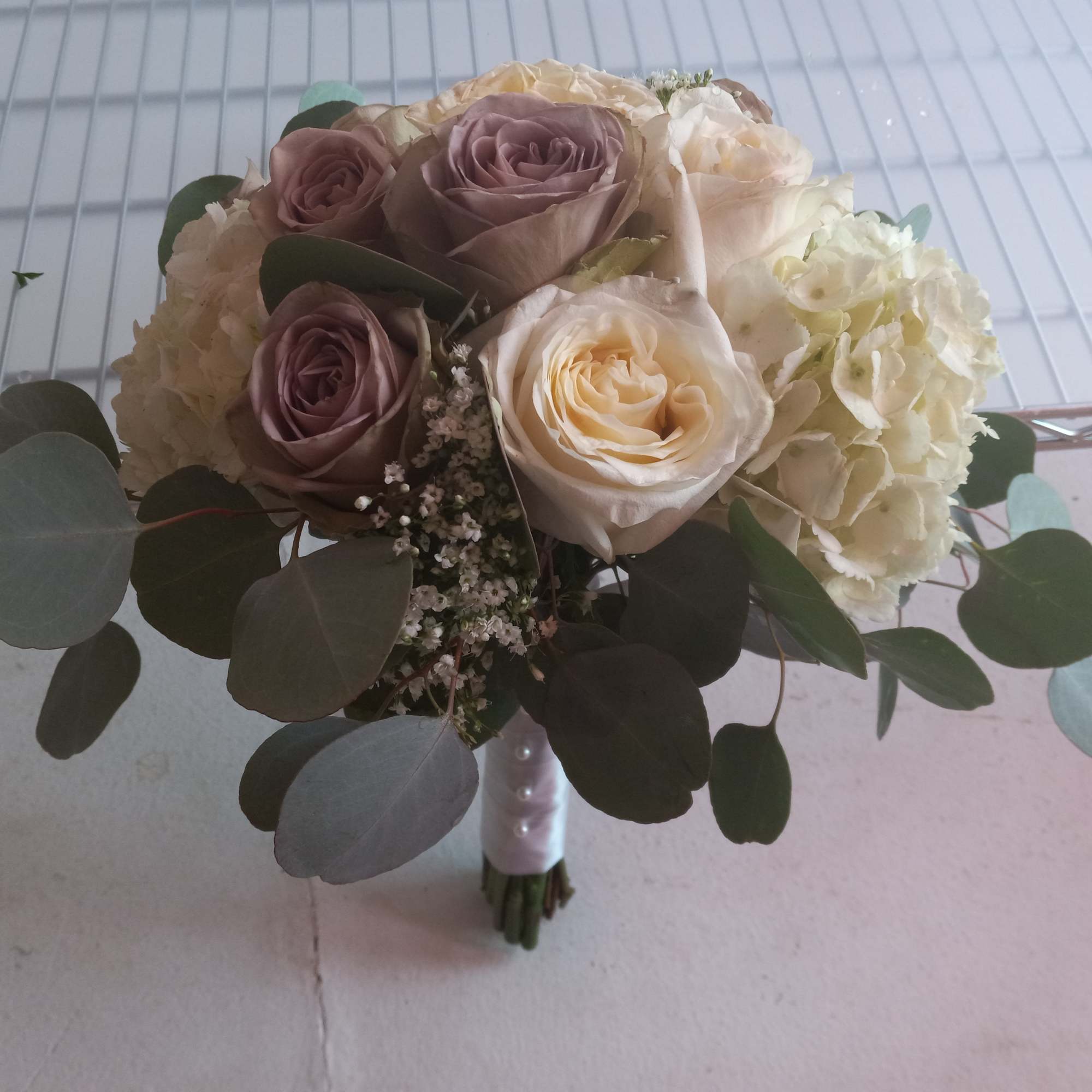 Elegant &amp; classy/modern white &amp; purple rose bridal bouquet