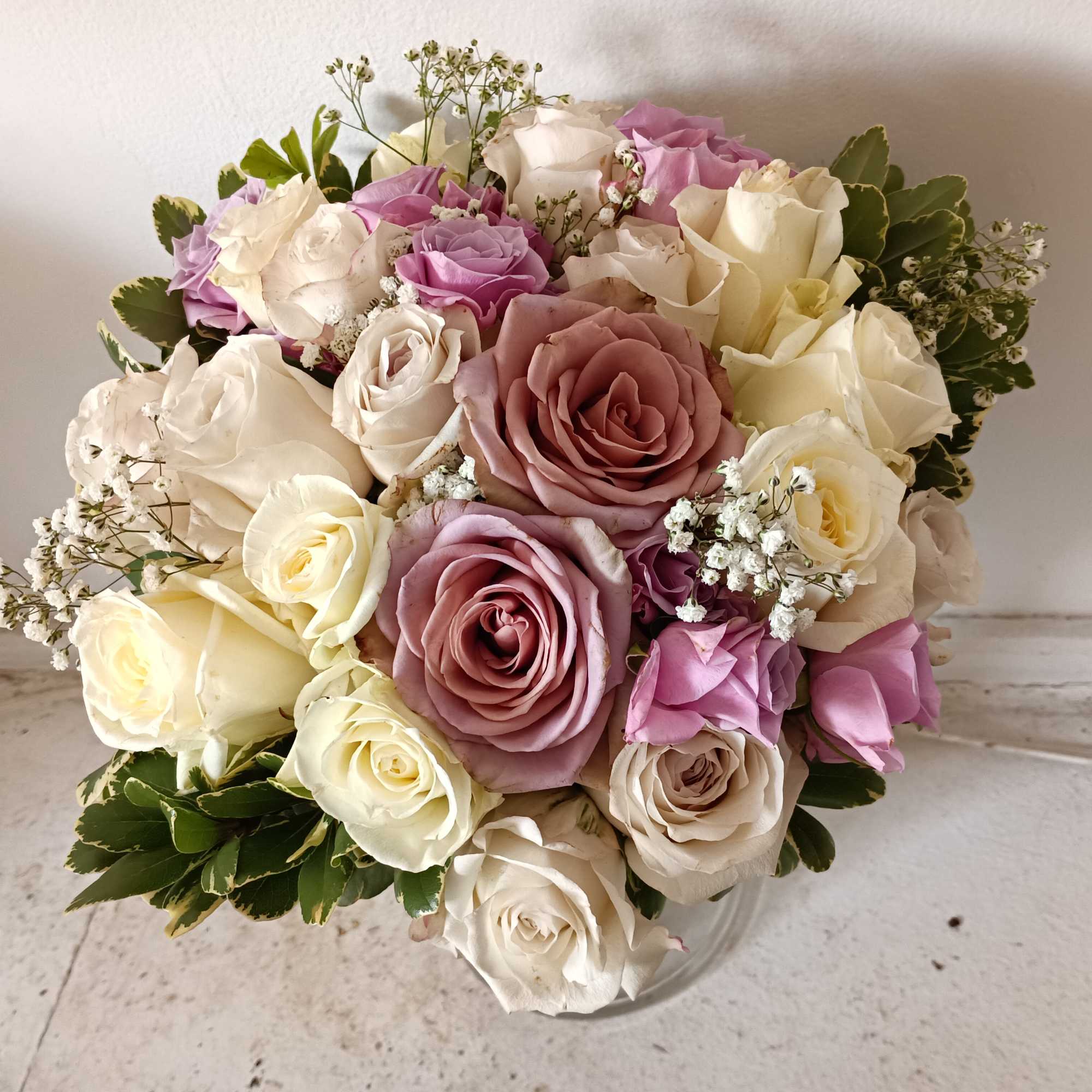 Elegant &amp; classy/modern white &amp; purple rose bridal bouquet